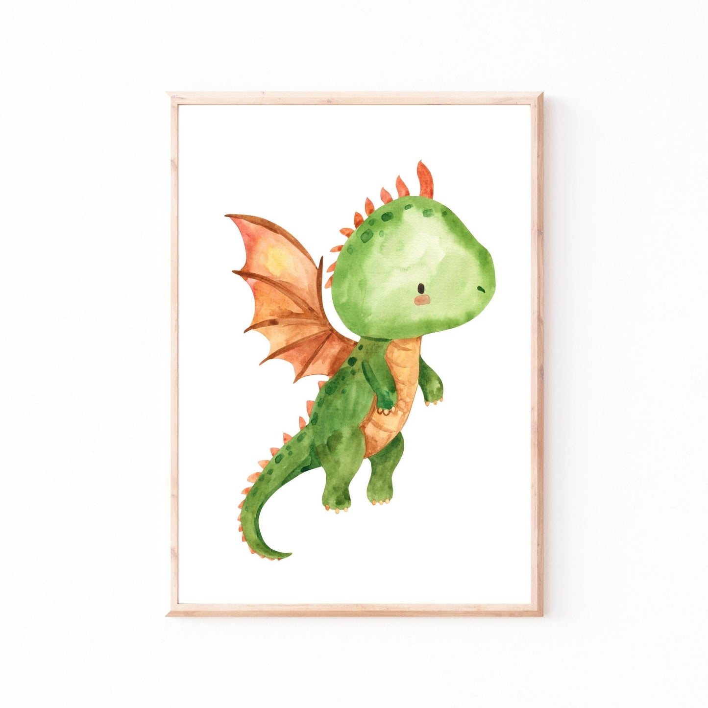 Poster Baby-Feuerdrache fliegt: niedlicher fantasievoller Babydrache in Aquarell. Ideal für Kinderzimmerdekoration, erhältlich in Größen A3 und A4.
