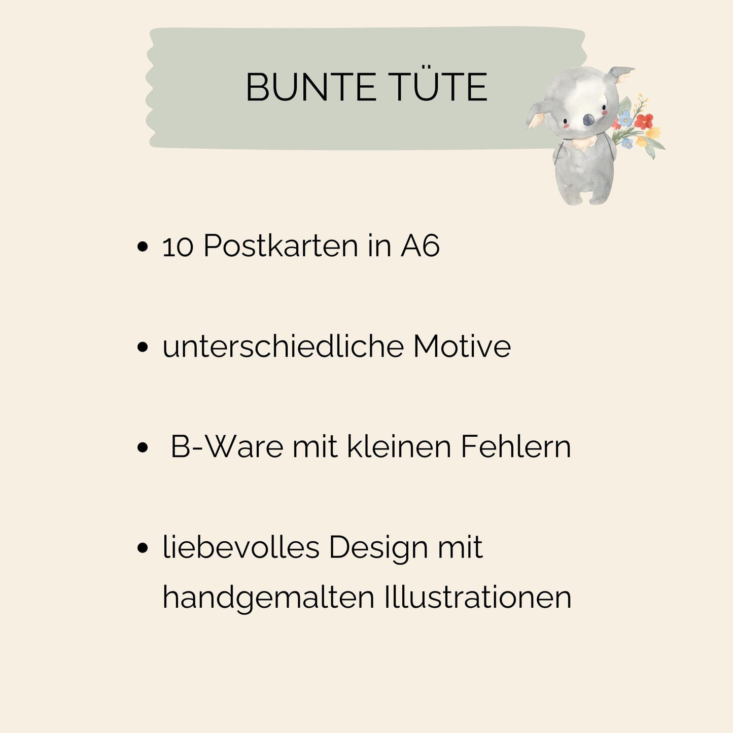 Bunte Tüte mit 10 Karten A6: Karte zeigt Aquarell eines Koalas mit Blumen. Enthält Karten mit leichten Mängeln, dennoch voll nutzbar.