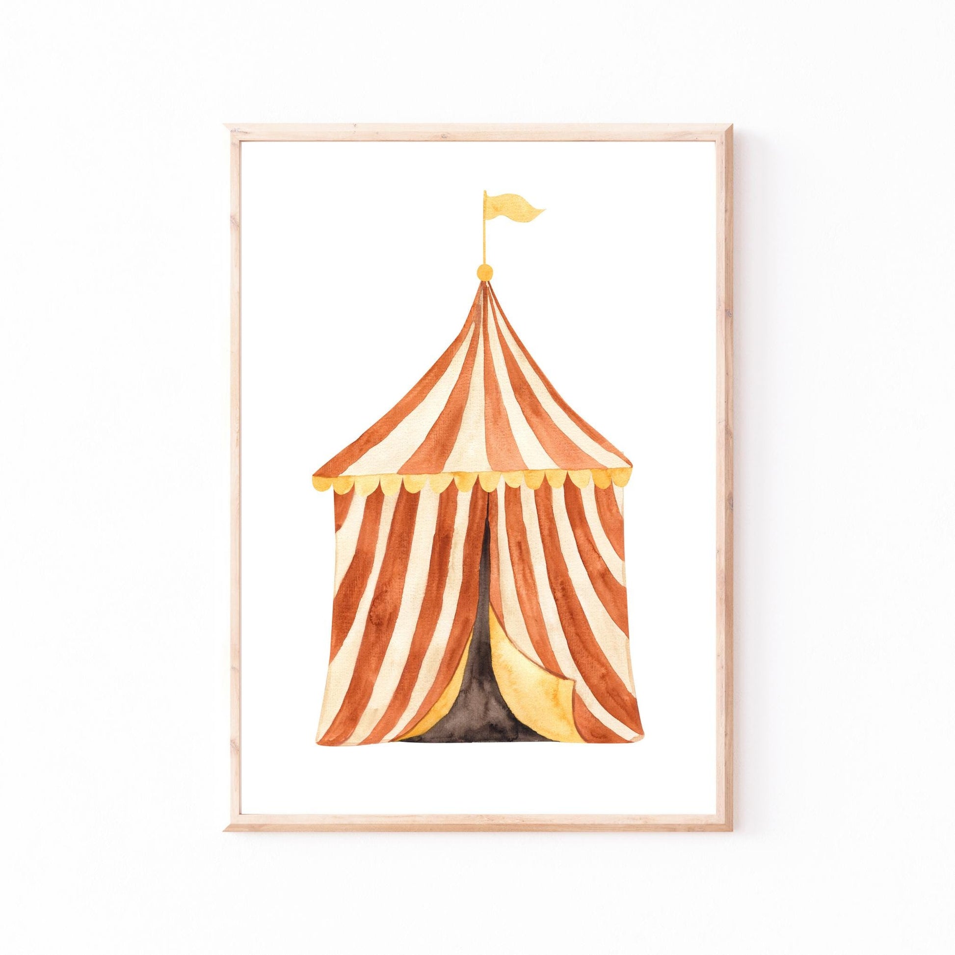 Poster Zirkuszelt A3 & A4 zeigt ein Aquarell eines Zirkuszelts. Ideal für Kinderzimmerdeko, auf hochwertigem, mattem Naturpapier gedruckt.