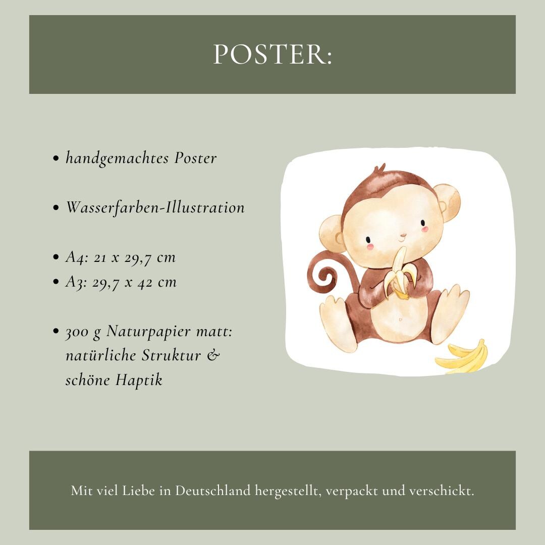 Posterset Kinderzimmer Affen A3 & A4: Cartoon-Affe hält Banane, ideal für Kinderzimmerdeko. Gedruckt auf 300g Naturpapier, erhältlich einzeln oder als Set.