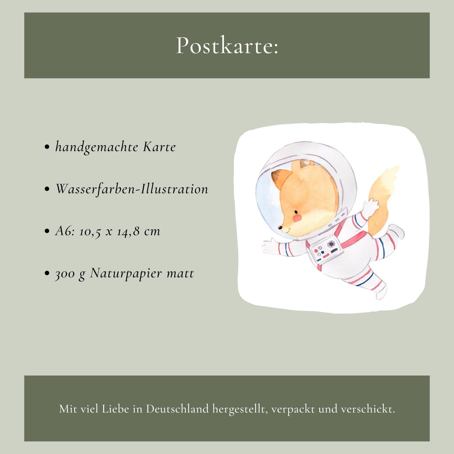 Einladung Kindergeburtstag Astronauten A6 zeigt Cartoon-Fuchs im Raumanzug, ideal für Kindergeburtstage. Gedruckt auf hochwertigem, mattem 300g Naturpapier.