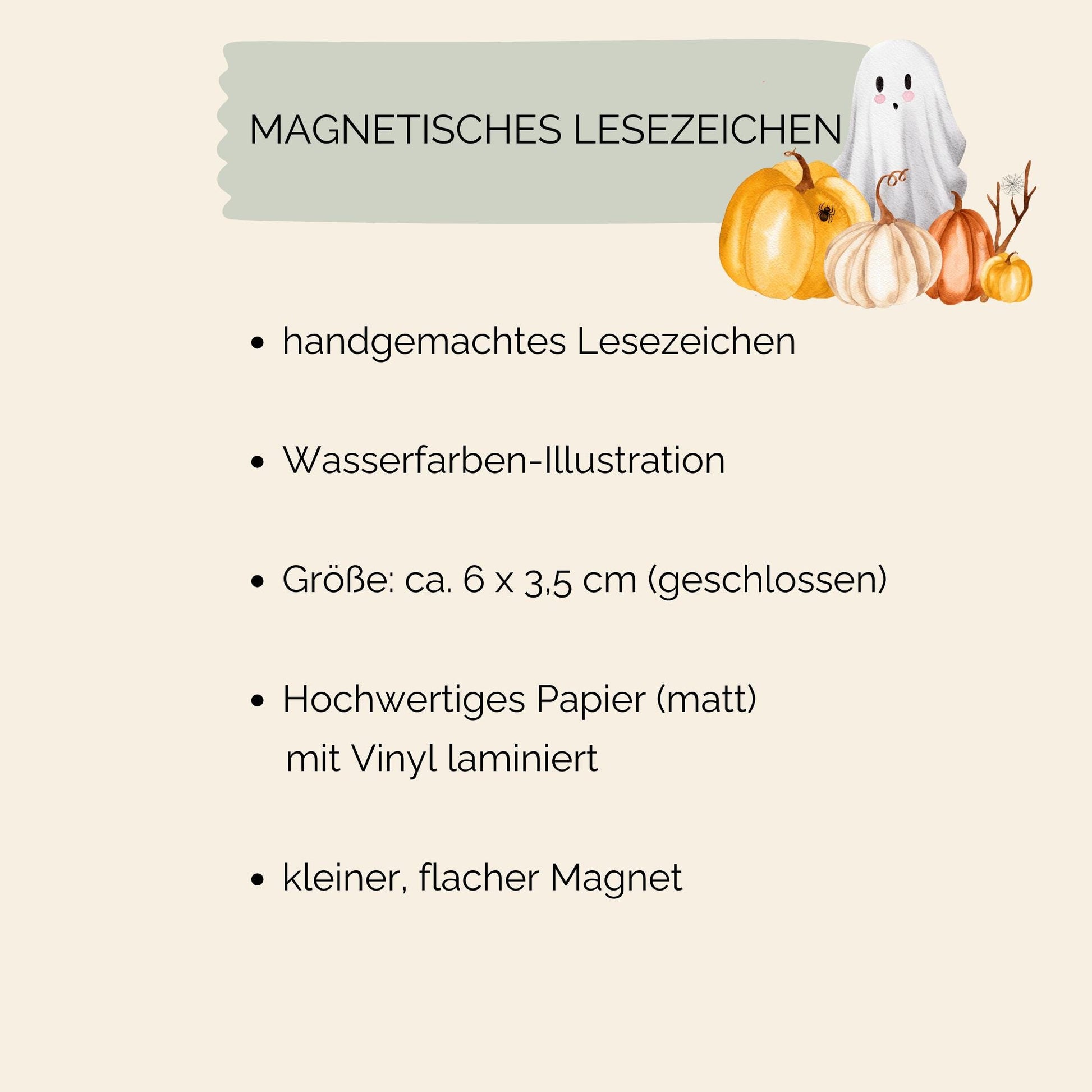 Magnetisches Lesezeichen Halloween mit handgemaltem Motiv, zeigt Kürbis und Spinne; ideal für Bücherliebhaber. Hergestellt aus hochwertigem Papier, ca. 6 x 3,5 cm groß.