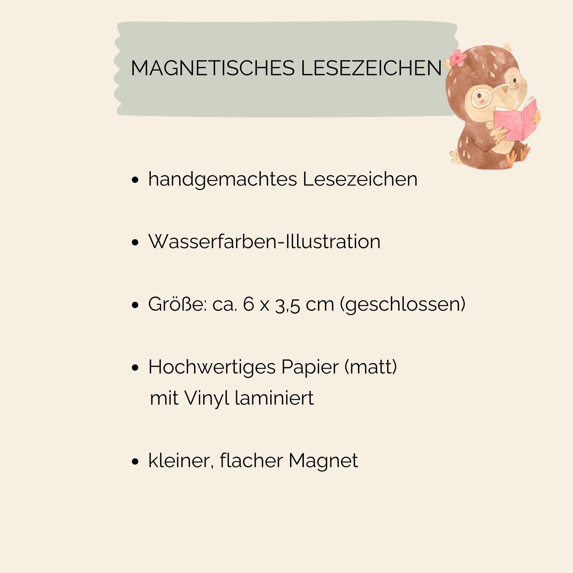 Infobild: Magnetisches Lesezeichen Eule mit handgemaltem Eulenmotiv, auf hochwertigem Papier gedruckt und mit Vinyl versiegelt, 6x3,5 cm geschlossen, kleiner, flacher Magnet. Ideal für Buchliebhaberinnen.