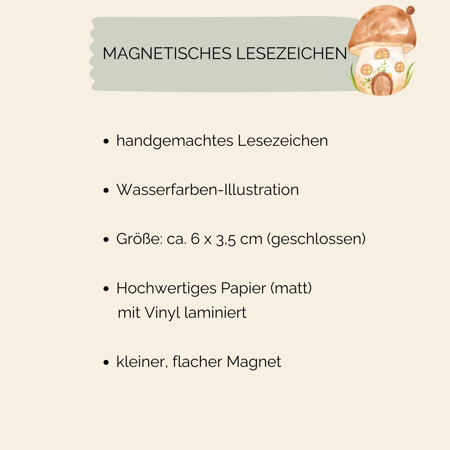 Magnetisches Lesezeichen Pilzhaus mit handgemaltem Pilzmotiv, ideal für Buchliebhaber. Handgefertigt, 6 x 3,5 cm, auf mattes Papier mit Vinylschutz gedruckt.
