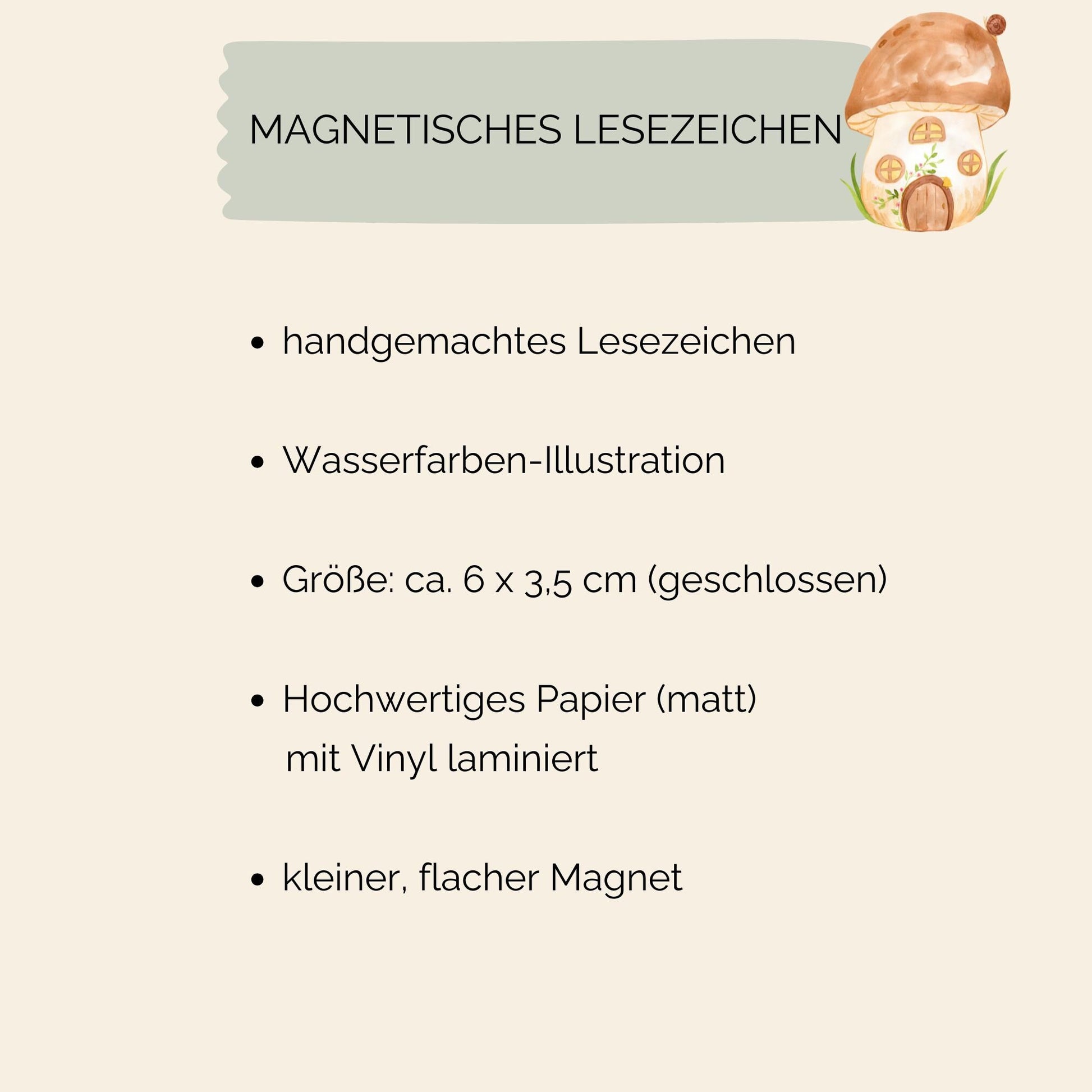 Magnetisches Lesezeichen Pilzhaus mit handgemaltem Pilzmotiv, ideal für Buchliebhaber. Handgefertigt, 6 x 3,5 cm, auf mattes Papier mit Vinylschutz gedruckt.