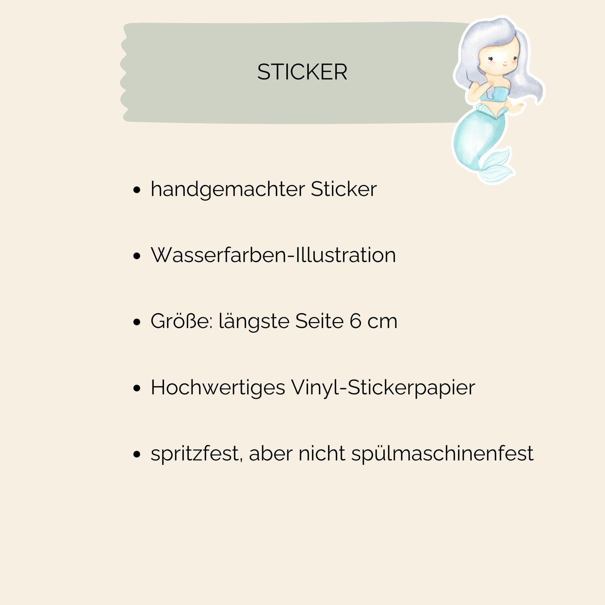 Sticker Meerjungfrau grau zeigt eine handgezeichnete Meerjungfrau im Cartoon-Stil auf einem hochwertigen, spritzfesten Vinyl-Aufkleber, ideal für kreative Dekorationen.