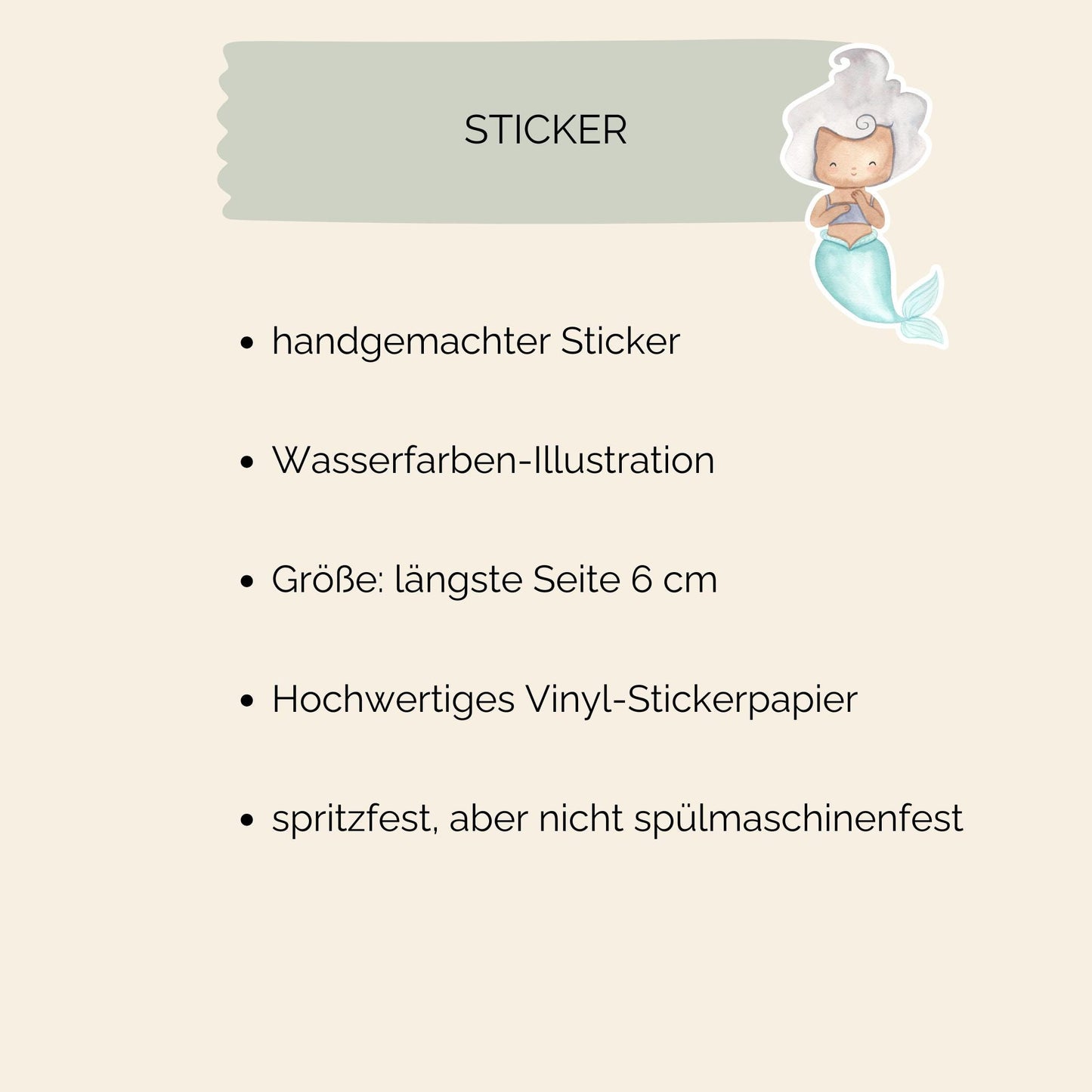 Sticker Meerjungfrau silber zeigt eine handgemalte Meerjungfrau im Cartoon-Stil auf hochwertigem Vinyl, ideal für kreative Dekorationen und langlebige Anwendungen.