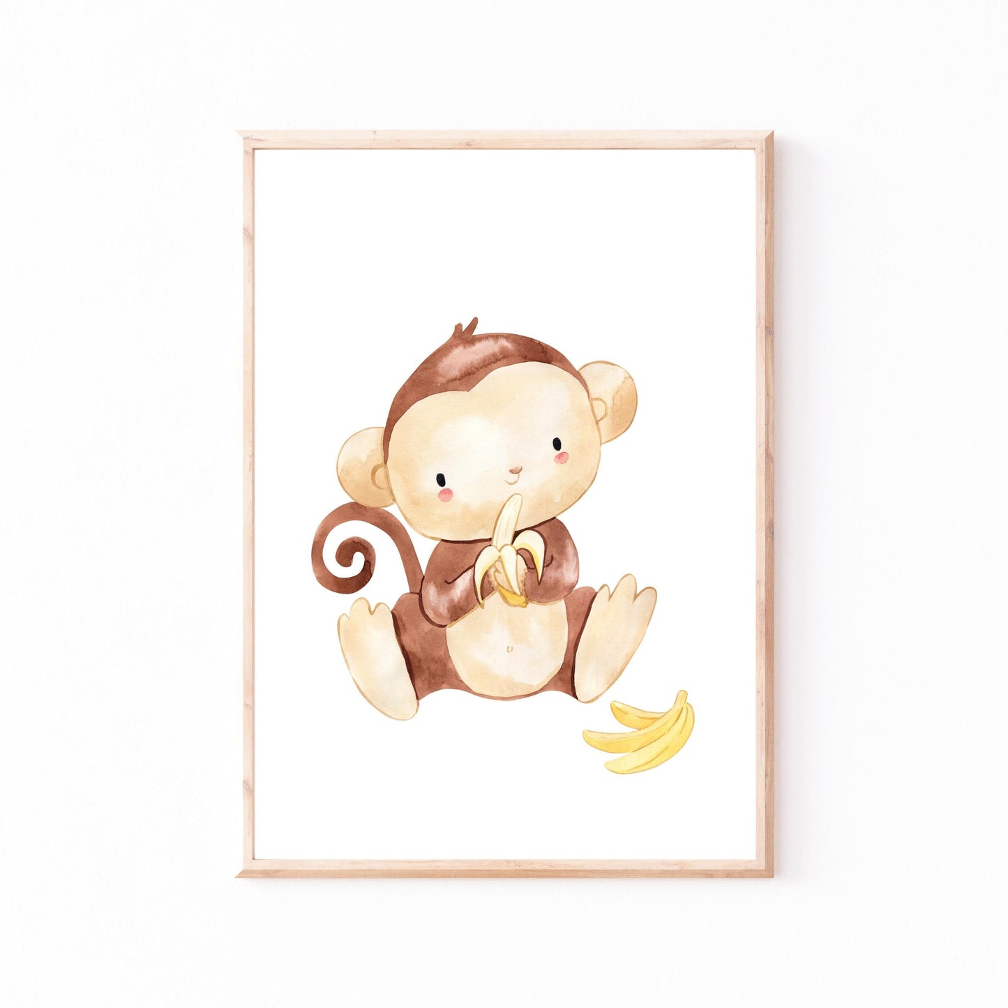 Posterset Kinderzimmer Affen A3 & A4: Illustration eines Affen mit Banane als Cartoon, ideal für Kinderzimmerdekoration auf hochwertigem Naturpapier.