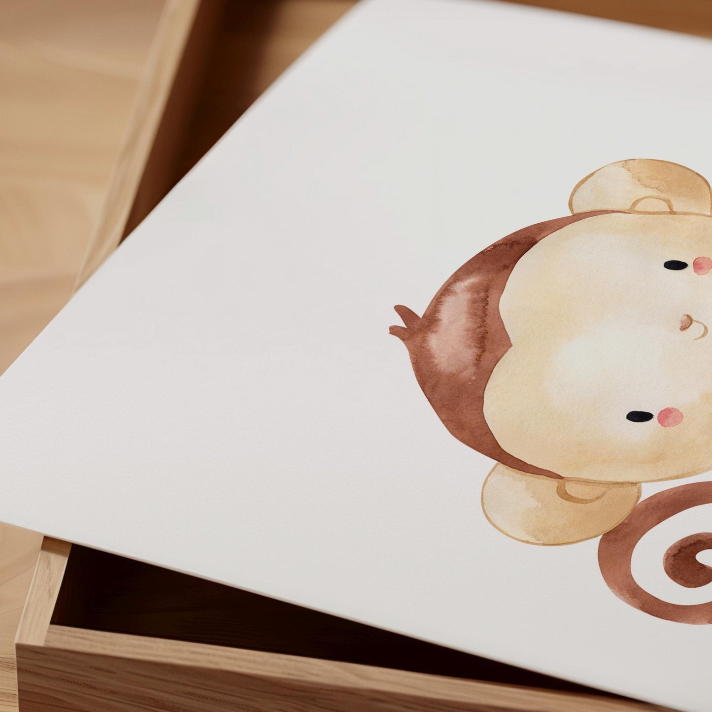 Posterset Kinderzimmer Affen A3 & A4, zeigt niedliche Affenillustration auf hochwertigem, mattem Naturpapier, ideal als Kinderzimmerdekoration oder Geschenk.