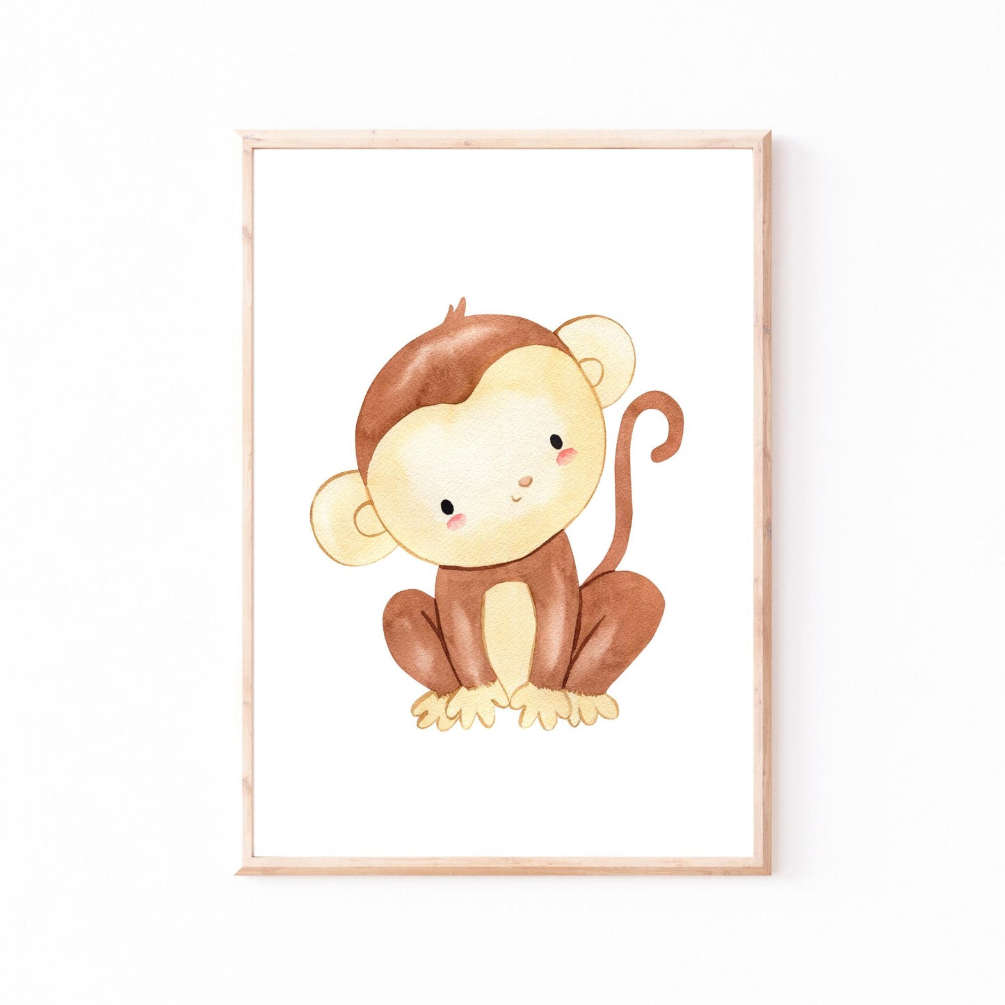 Posterset Kinderzimmer Affen A3 & A4 zeigt ein Aquarell eines niedlichen Affen, ideal als dekorative Kinderzimmerdeko, gedruckt auf hochwertigem Naturpapier.