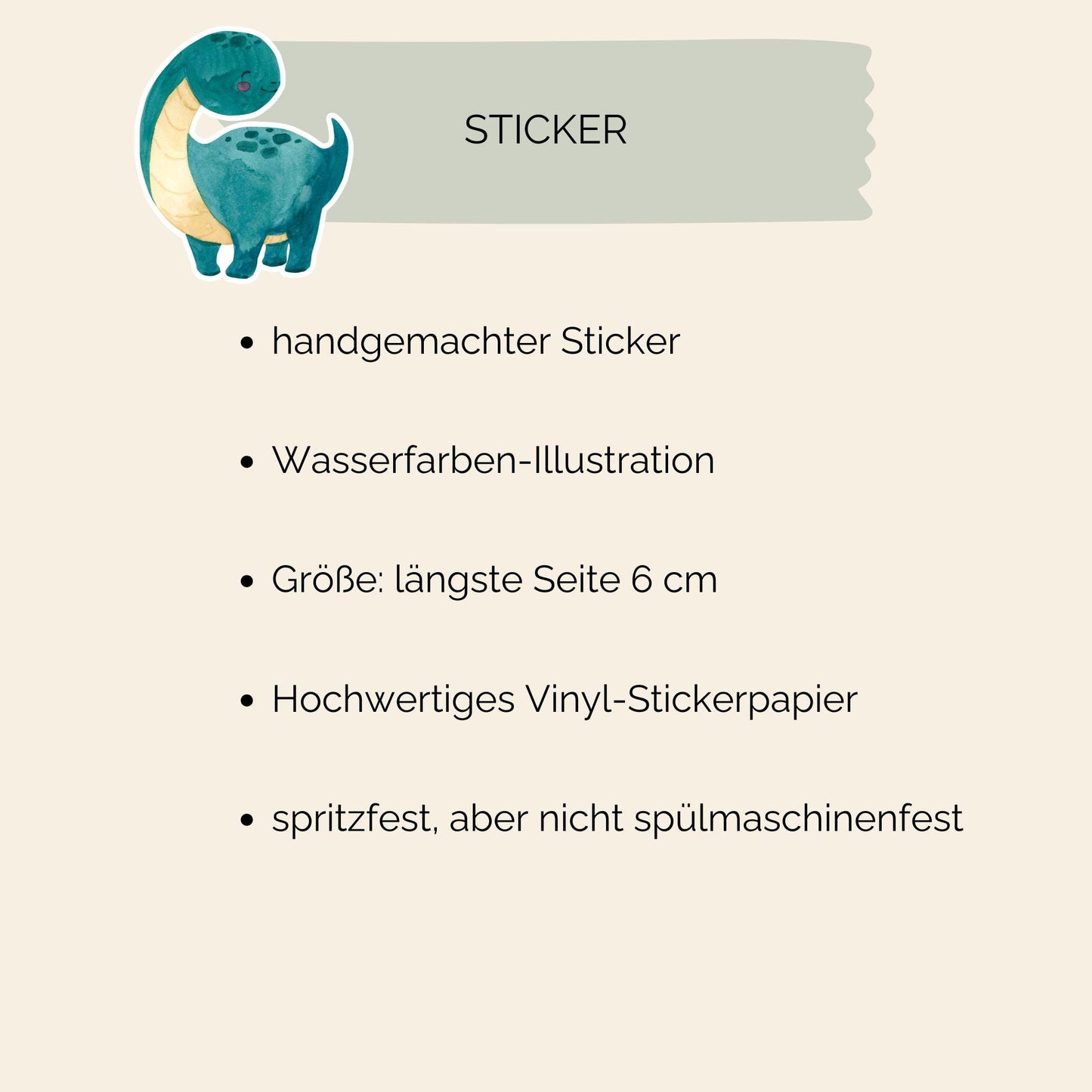 Sticker Dinosaurier dunkelgrün: Handgemalter Vinyl-Aufkleber, ideal für Bullet Journals und Laptops. Spritzfest und langlebig, perfekt für Dino-Fans.