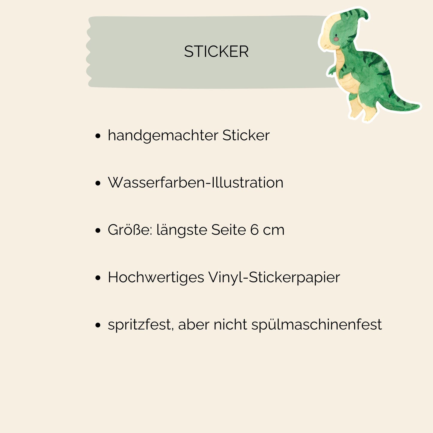 Sticker Dinosaurier Parasauro: Handgemalter Vinyl-Aufkleber eines grünen Dinosauriers mit schwarzem Text, ideal zum Verzieren von Notizbüchern, Laptops und mehr.
