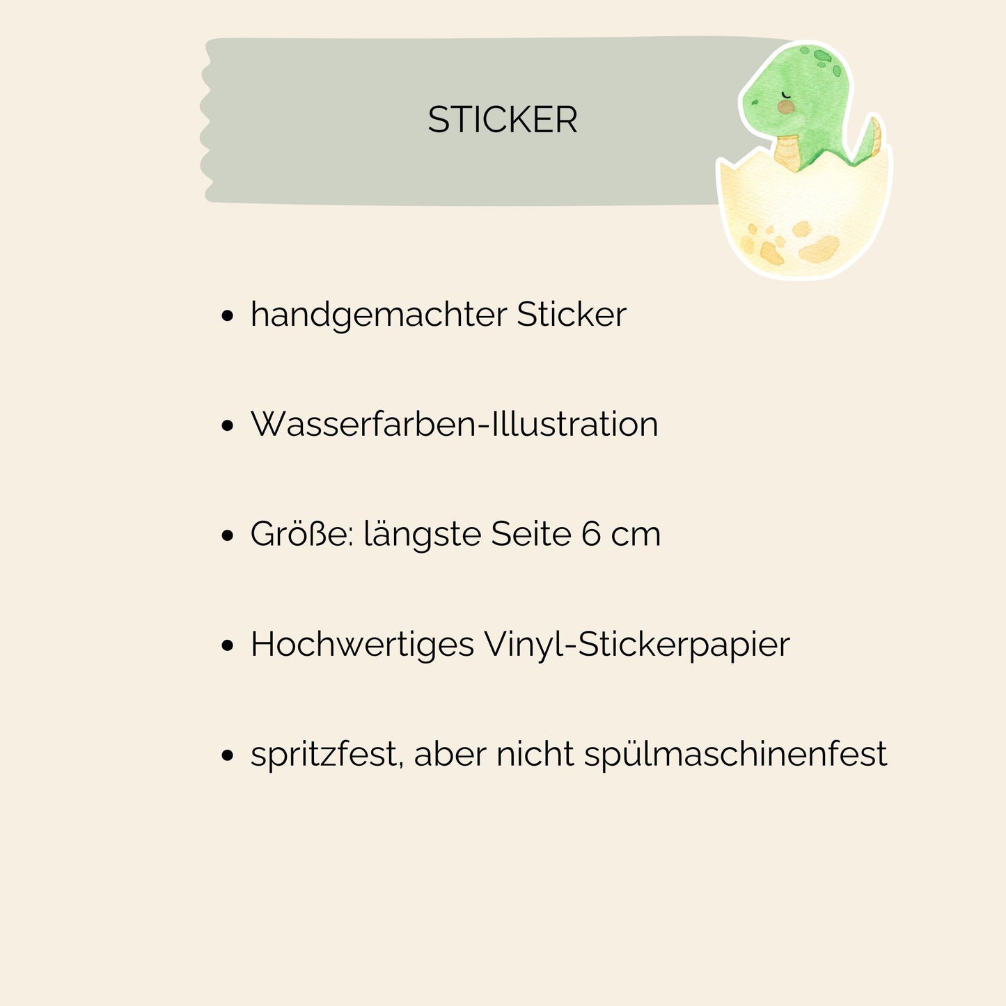 Sticker Dinosaurier im Ei: Handgemalter Sticker zeigt einen grünen Dinosaurier in einem Ei. Hochwertiges Vinyl, ideal für Bullet Journals und Bastelprojekte.