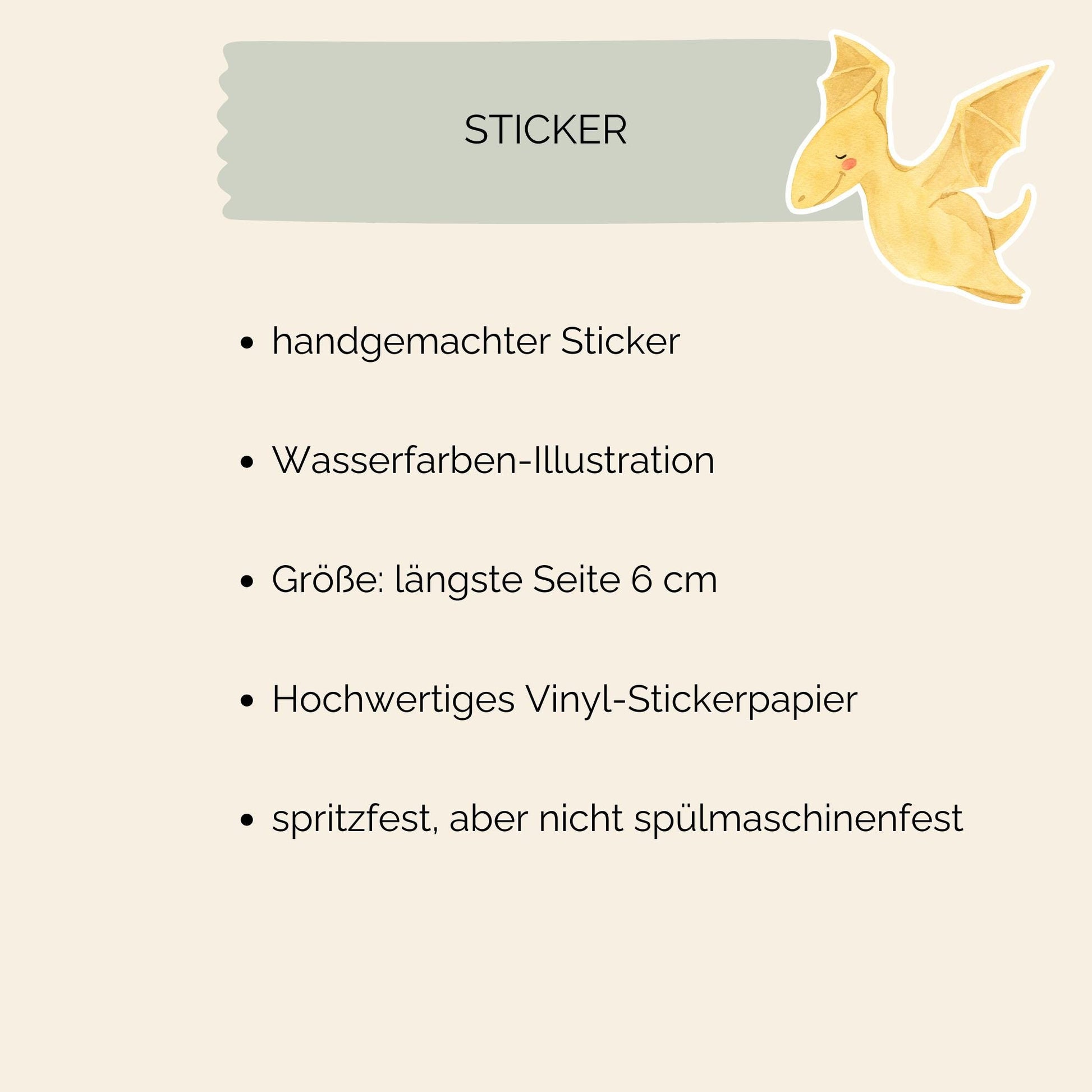 Sticker Dinosaurier fliegt: Handgemalter Dino-Sticker auf hochwertigem Vinyl, ideal für Bullet Journals, Schulhefte und mehr. Langlebig, spritzfest, ca. 6 x 5 cm.