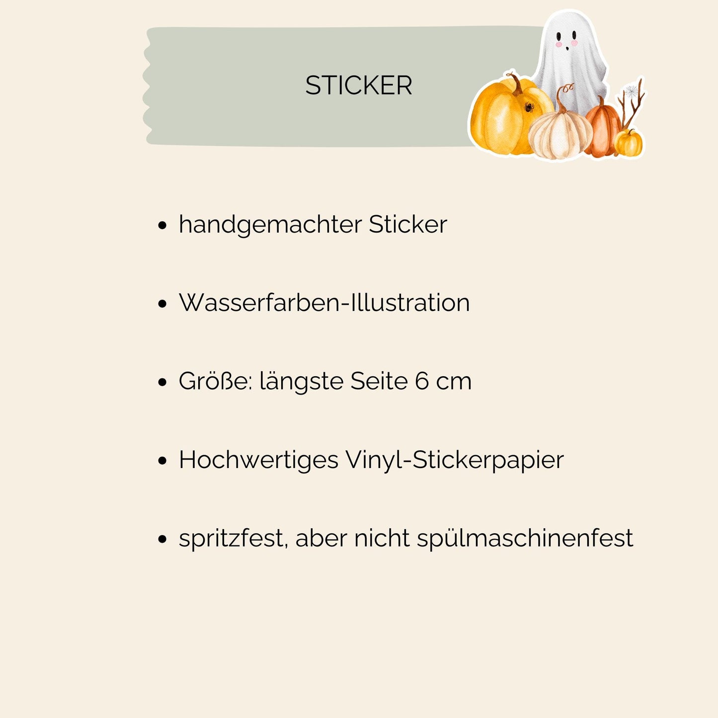 Sticker Halloween mit handgemaltem Gespenst und Kürbissen, ideal für Bullet Journals oder Laptops. Hochwertiges Vinyl, spritzfest und langlebig, Größe ca. 6x5 cm.