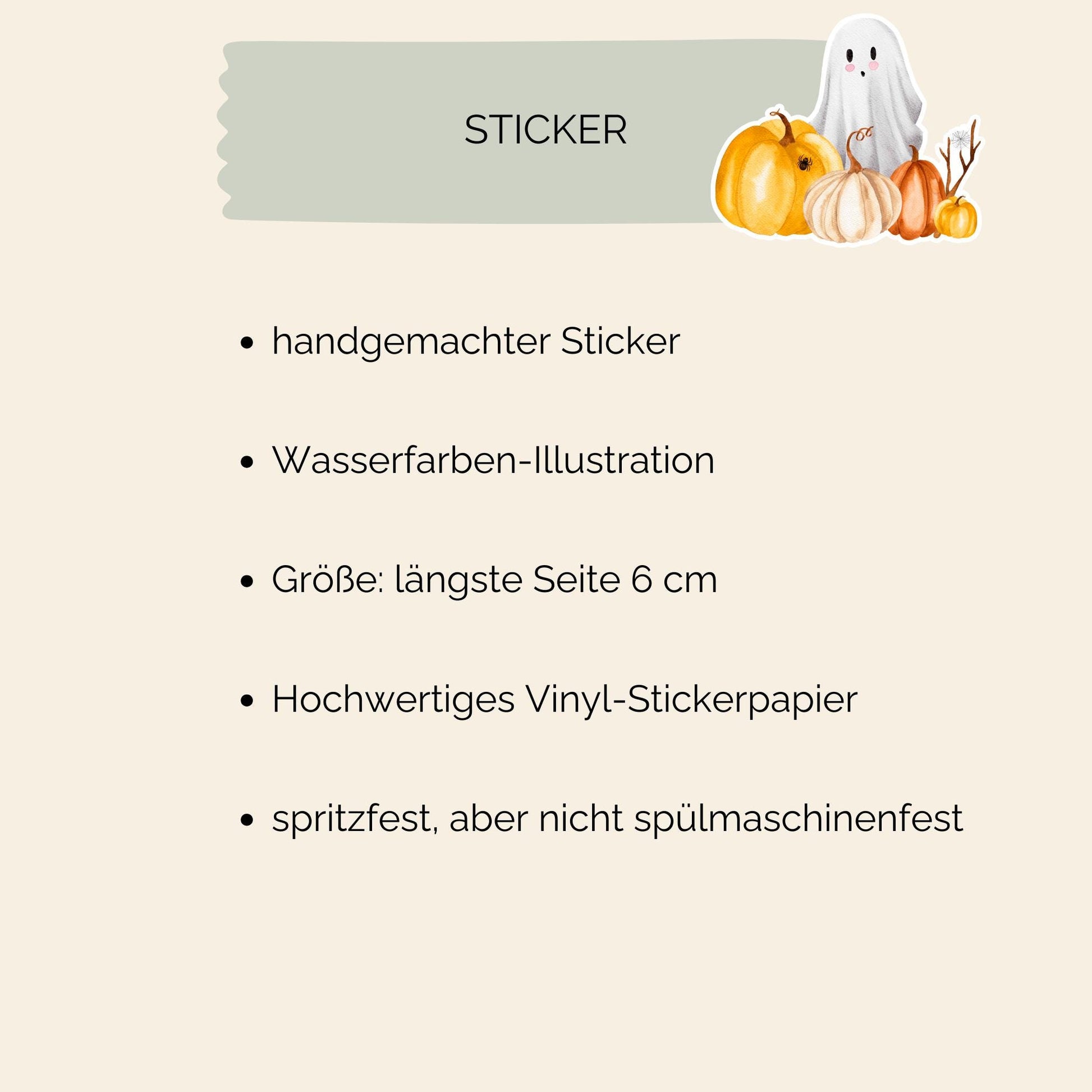 Sticker Halloween mit handgemaltem Gespenst und Kürbissen, ideal für Bullet Journals oder Laptops. Hochwertiges Vinyl, spritzfest und langlebig, Größe ca. 6x5 cm.