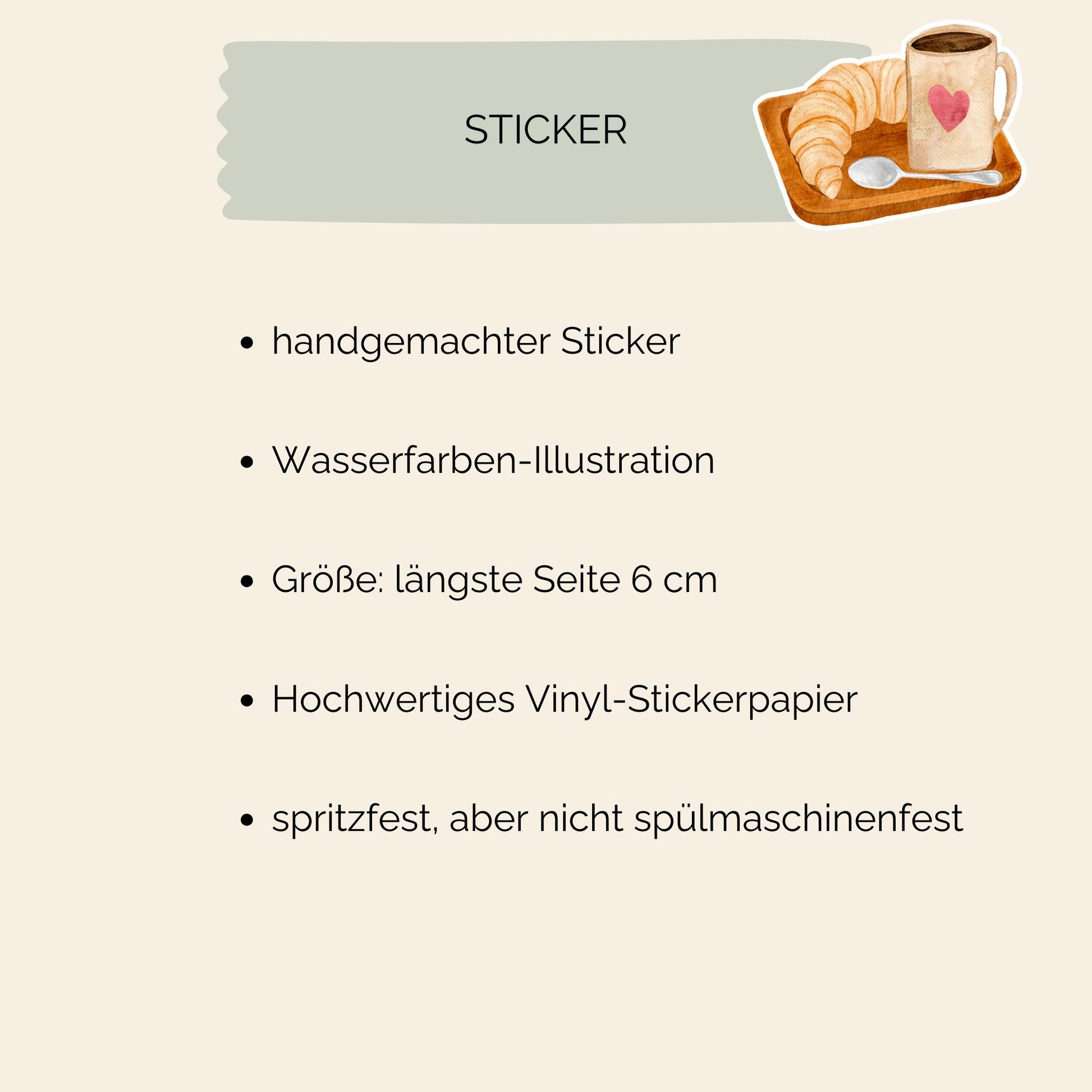 Sticker Frühstück: Handgemalter Vinyl-Sticker zeigt Croissant und Kaffeetasse. Ideal für Dekorationen, spritzfest und langlebig. Perfekt für Bullet Journals und Hefte.