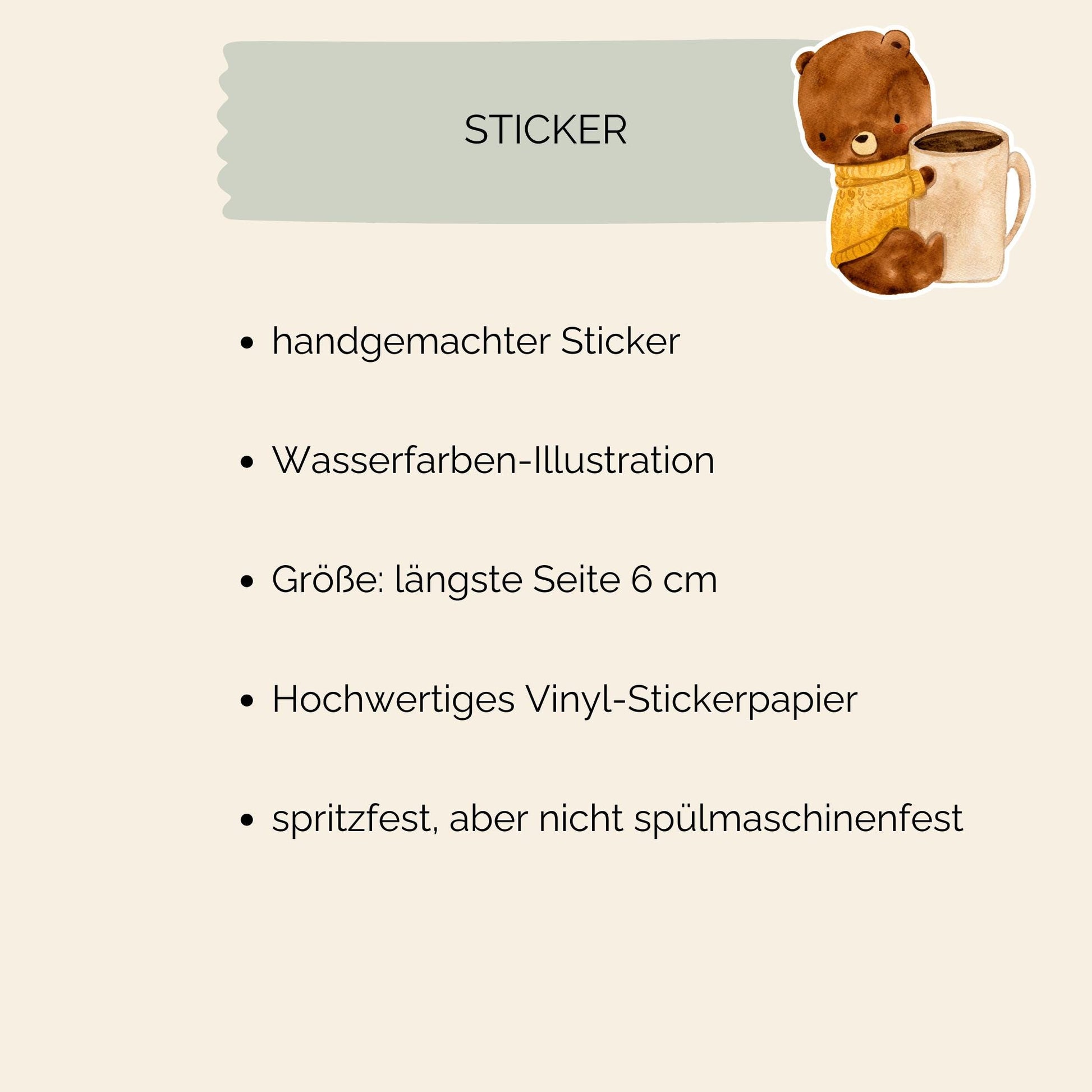Sticker Bär & Kaffee: Handgemalter Vinyl-Sticker zeigt niedlichen Teddy mit Kaffeetasse. Ideal für Bullet Journals, Laptops und mehr. Spritzfest, langlebig, ca. 6x5 cm.