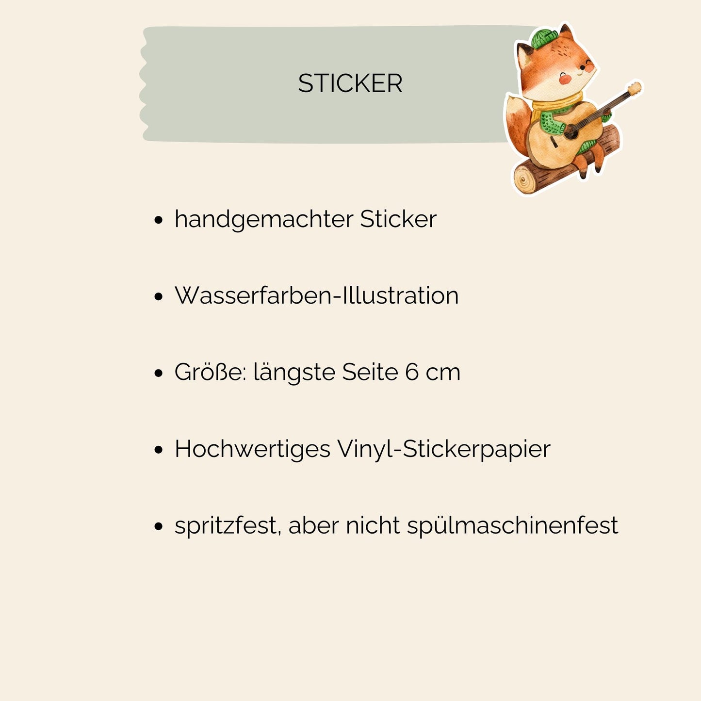 Sticker Fuchs & Gitarre: Cartoon-Fuchs spielt Gitarre, hochwertiger Vinyl-Aufkleber, ideal für Bullet Journals oder Laptops, spritzfest und langlebig.