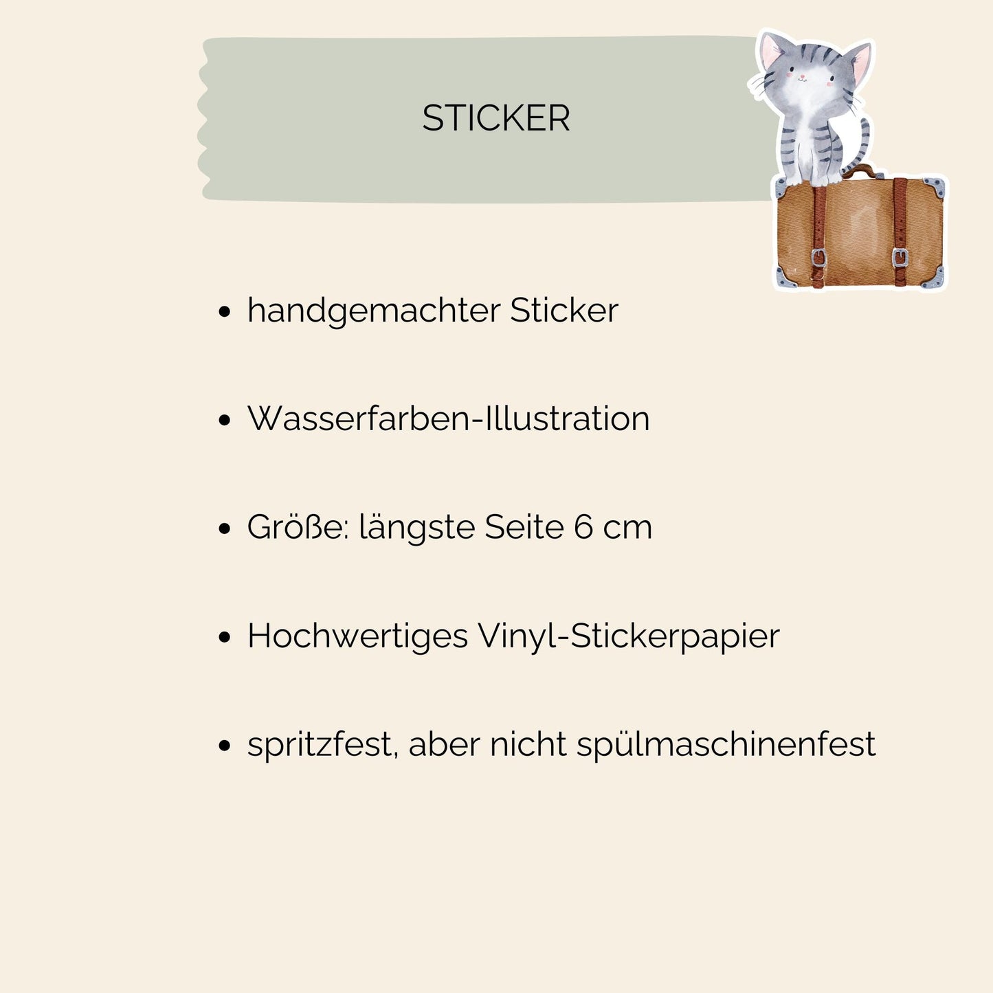 Sticker Katze & Koffer: Handgemalter Vinyl-Sticker mit Katze auf Koffer, ideal für Bullet Journals, Laptops und Handyhüllen. Spritzfest und langlebig, ca. 6x5 cm.