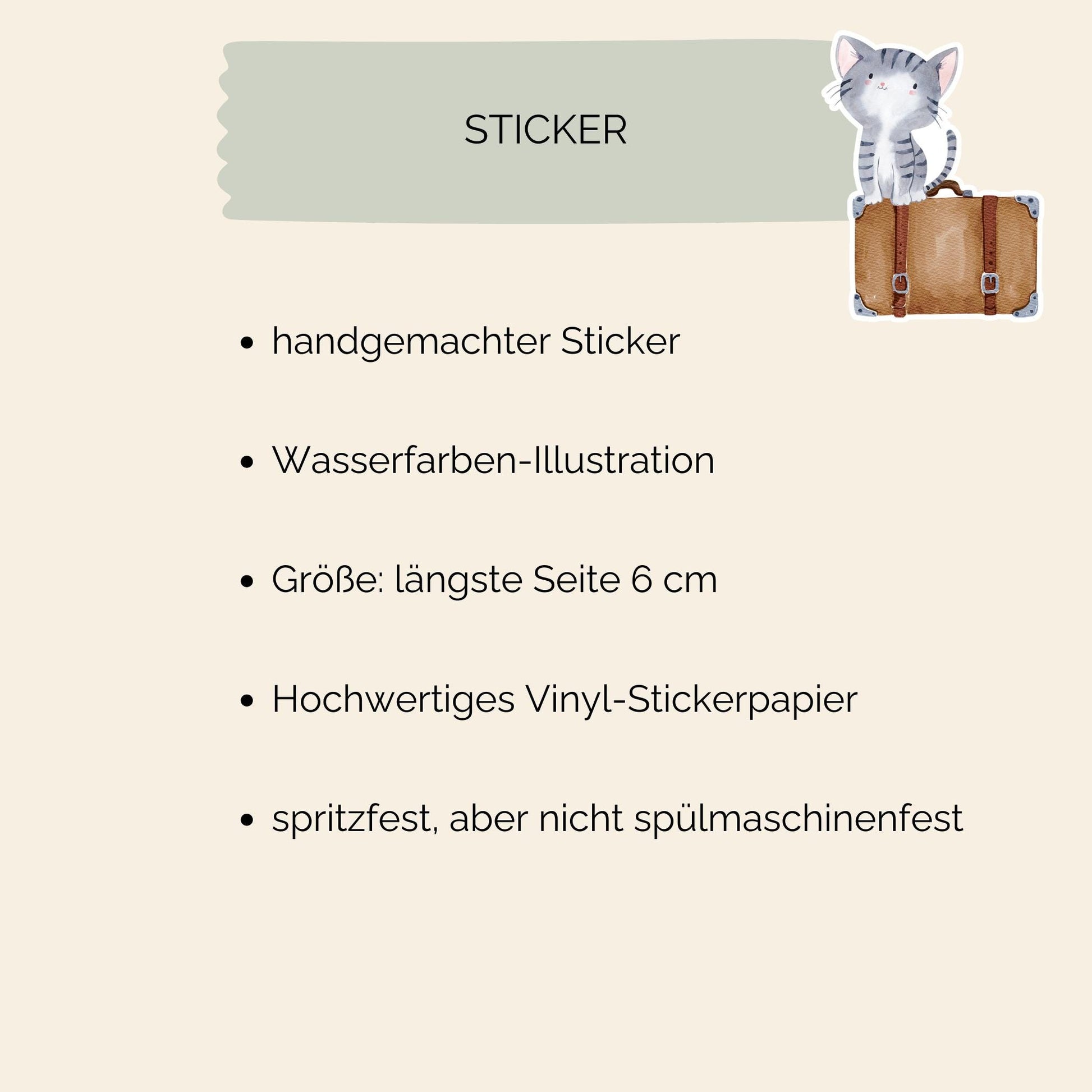 Sticker Katze & Koffer: Handgemalter Vinyl-Sticker mit Katze auf Koffer, ideal für Bullet Journals, Laptops und Handyhüllen. Spritzfest und langlebig, ca. 6x5 cm.