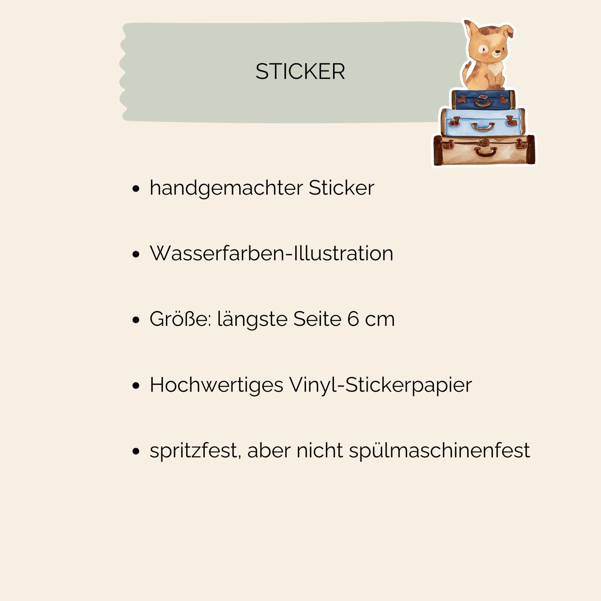 Sticker Hund & Koffer: Handgemalter Vinyl-Sticker mit einem cartoonhaften Hund neben Gepäck, ideal für Reisen und Dekoration von Laptops oder Bullet Journals.