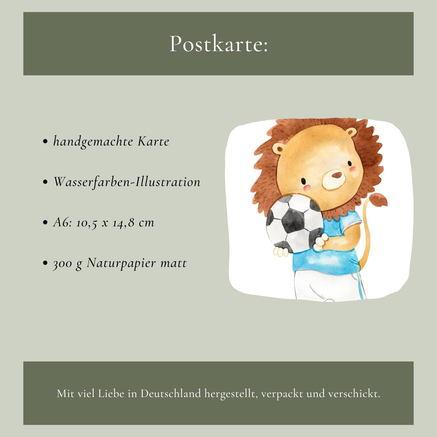 Einladung Kindergeburtstag Fußball A6 mit einem Cartoon-Löwen, der einen Fußball hält. Gedruckt auf hochwertigem 300g Naturpapier, ideal für Kindergeburtstage.