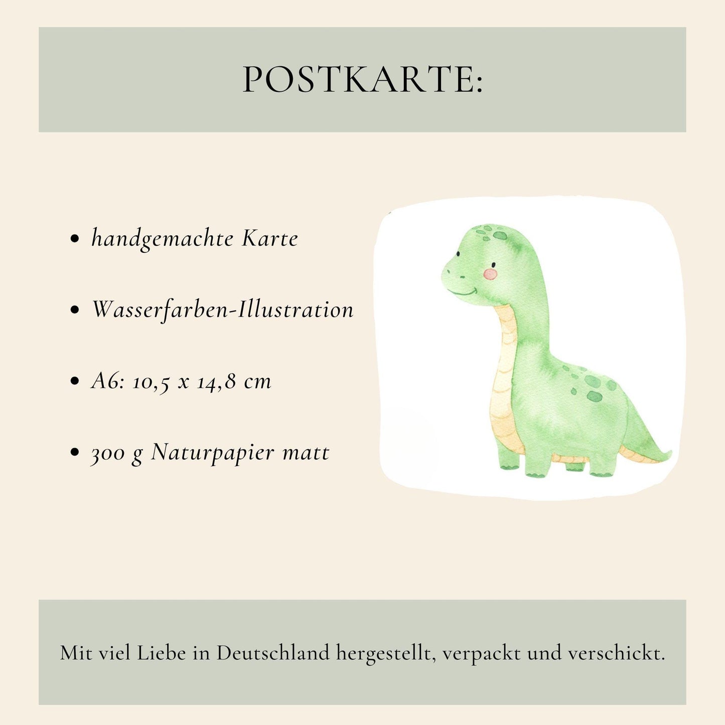 Karte Kindergeburtstag Dinosaurier A6 zeigt handgemalten Dino mit Herzlichen Glückwunsch Schriftzug, ideal für kleine Dinosaurier-Fans. Hochwertiges Naturpapier, beschreibbare Rückseite.