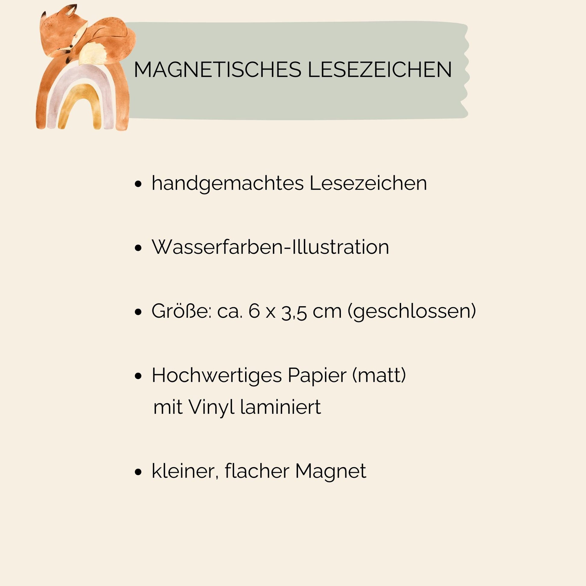 Magnetisches Lesezeichen Fuchs mit handgemaltem Fuchsmotiv, auf hochwertigem Papier gedruckt, versiegelt mit Vinyl, ideal als Geschenk für Buchliebhaber.