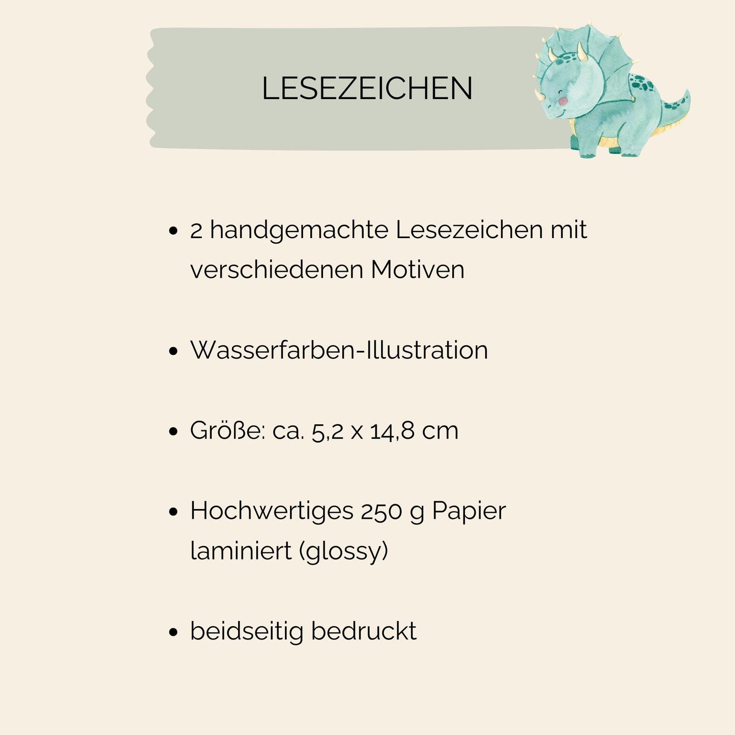 Lesezeichen Dinosaurier 2er Set, zeigt handgemalte Dino-Motive. Ideal für Bücherliebhaber, doppelseitig bedruckt und laminiert für Langlebigkeit. Enthält zwei Lesezeichen.