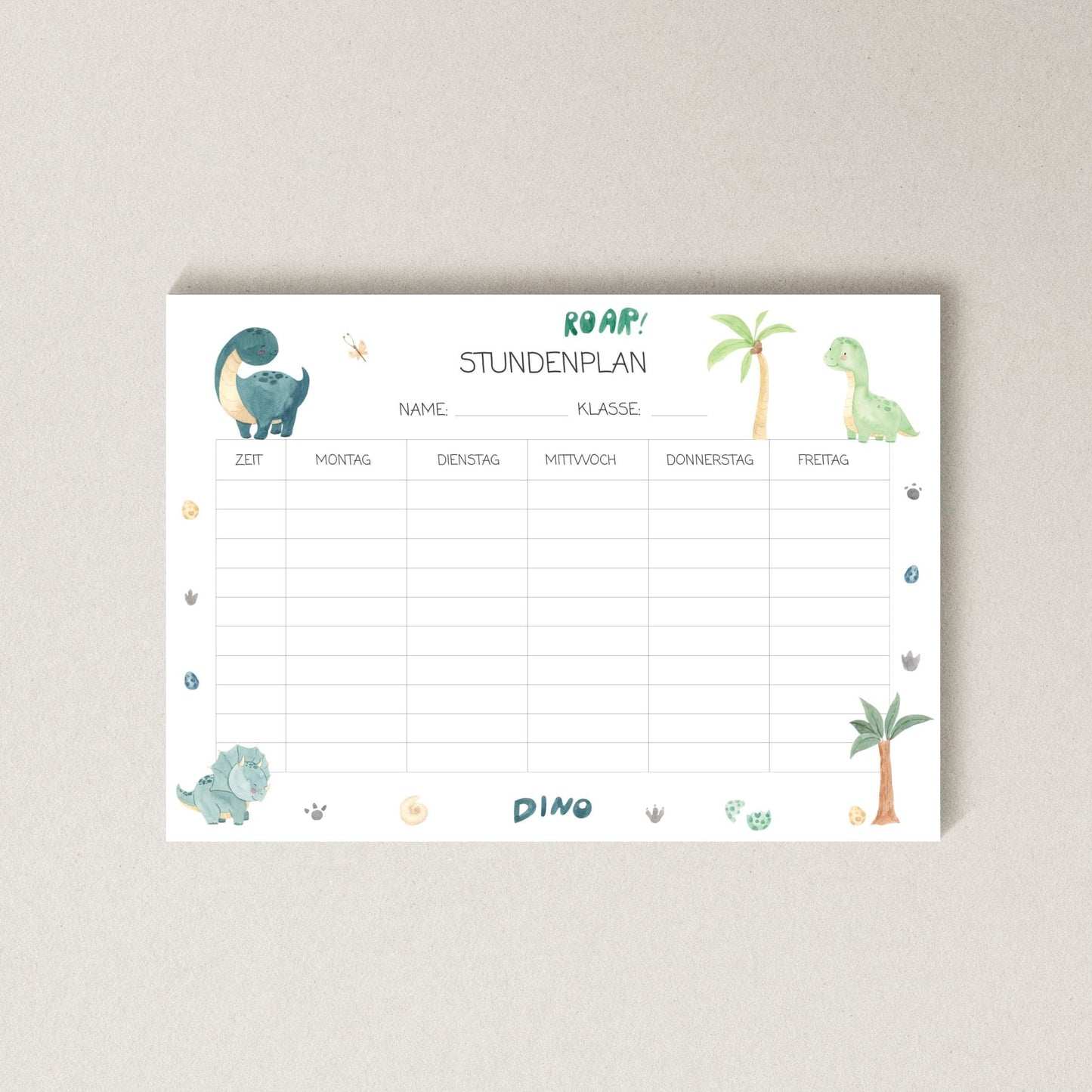 Stundenplan Dinosaurier A4 mit blauen und grünen Dinosaurierzeichnungen, Palmen und niedlichen Tiermotiven, auf laminiertem Naturpapier, wiederbeschreibbar und ideal als Geschenk zur Einschulung.