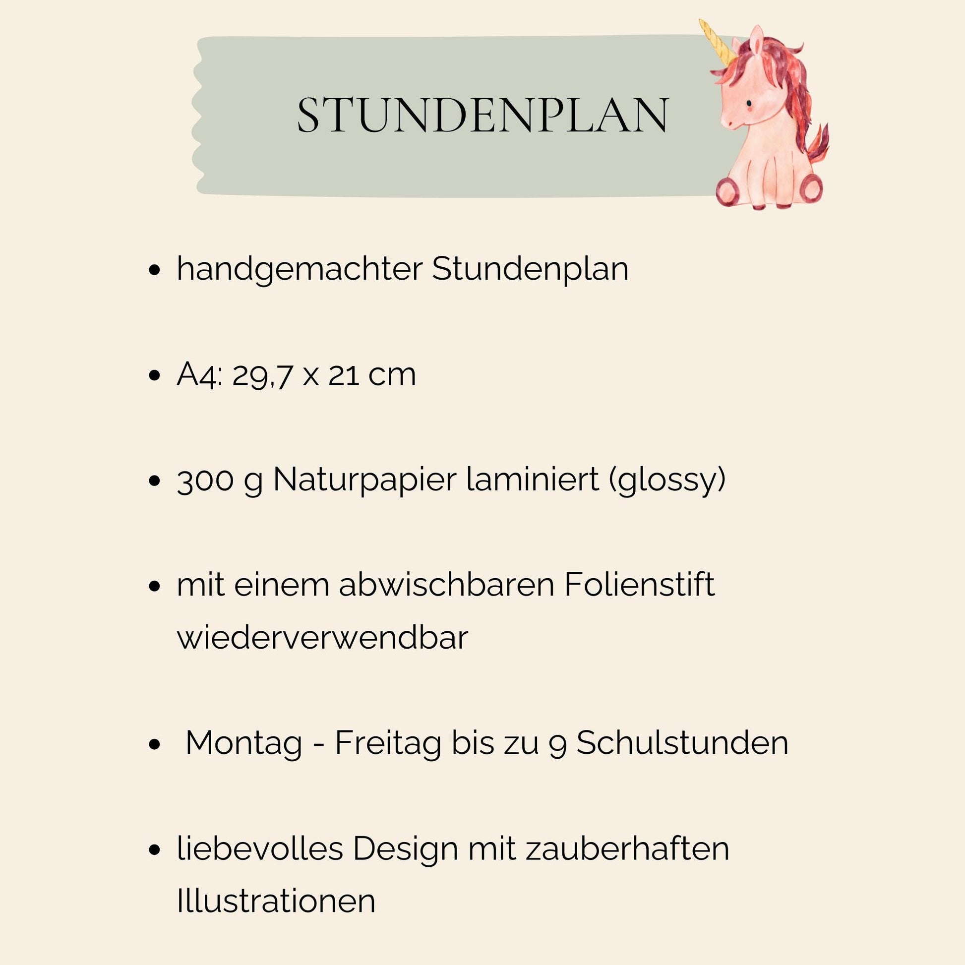Stundenplan Einhorn A4: Handgemachter Stundenplan mit Einhorn-Motiv, laminiert, auf A4-Naturpapier. Wiederverwendbar mit abwischbarem Stift. Ideal als Geschenk zur Einschulung.