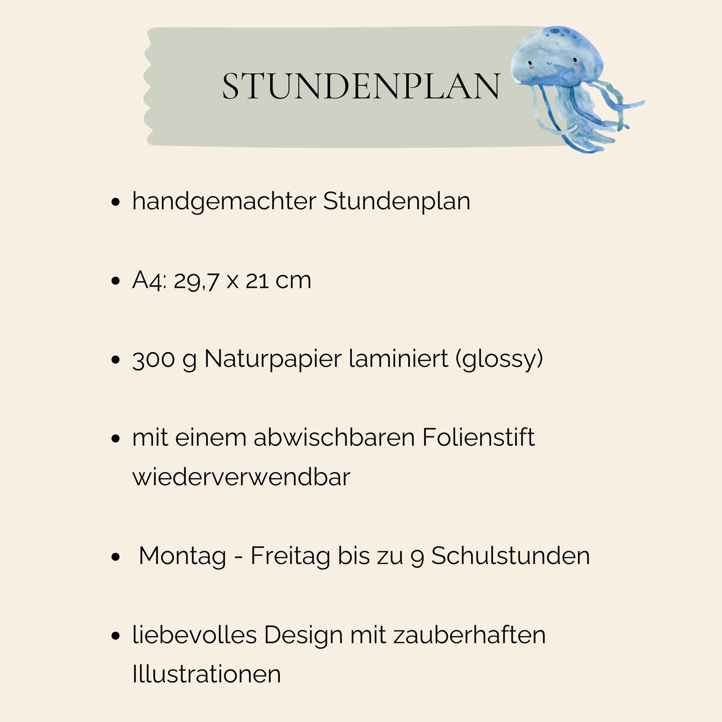 Stundenplan Wale A4 mit blauem Quallenmotiv, laminiert, mehrfach nutzbar. Perfektes Geschenk für Schulanfänger und Ozeanliebhaber. Größe A4.