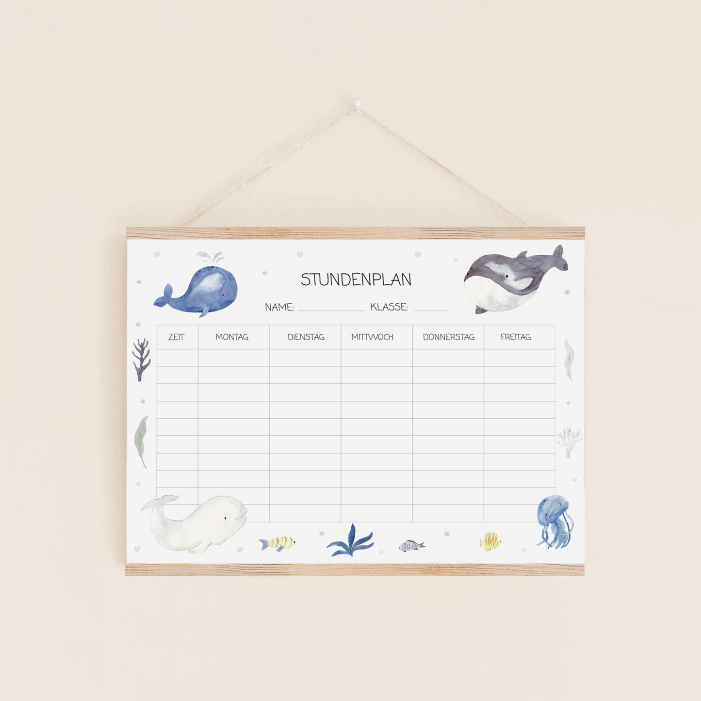 Stundenplan Wale A4 mit handgezeichneten Tieren, geeignet für Folienstift, wiederverwendbar, auf A4-Naturpapier laminiert. Perfekt für Kinder und Ozeanliebhaber.