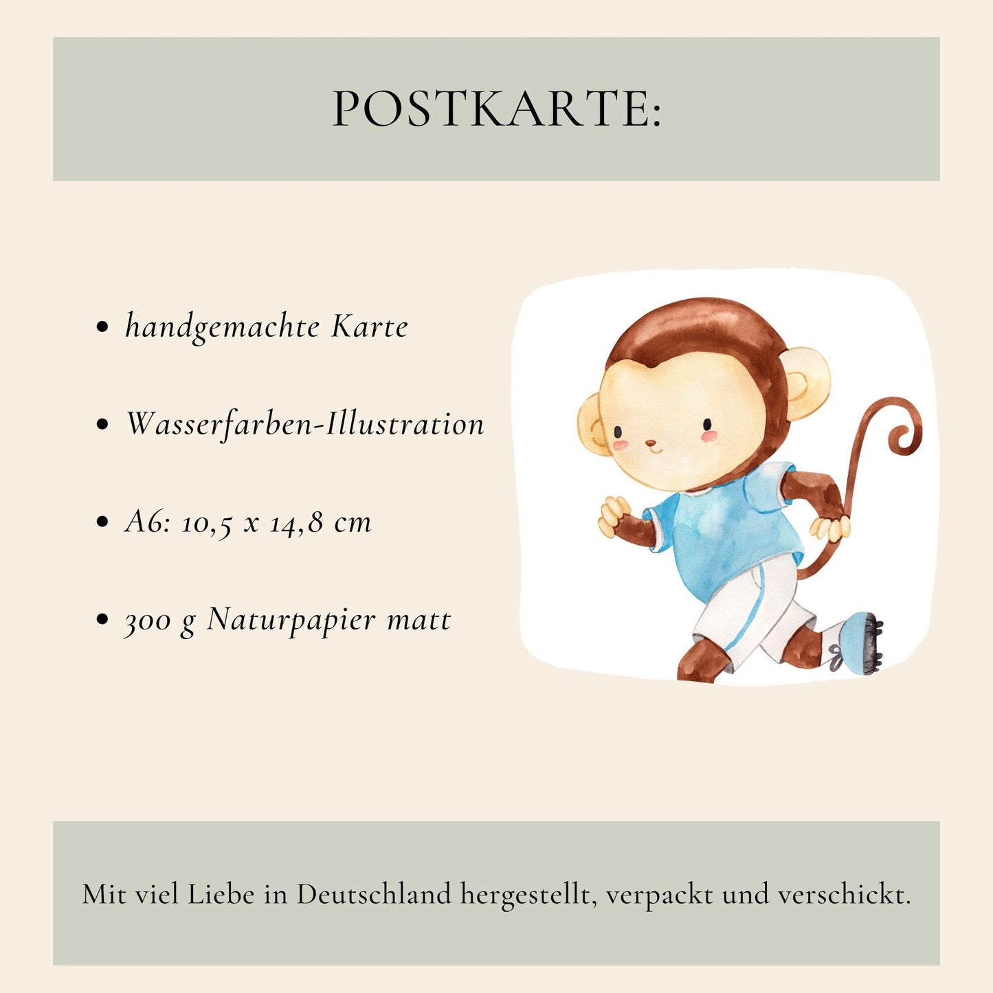 Karte Kindergeburtstag Fußball A6 zeigt einen Cartoon-Affen, passend zu handgemalten Fußball-Motiven und Geburtstagsglückwünschen für junge Fußball-Fans.