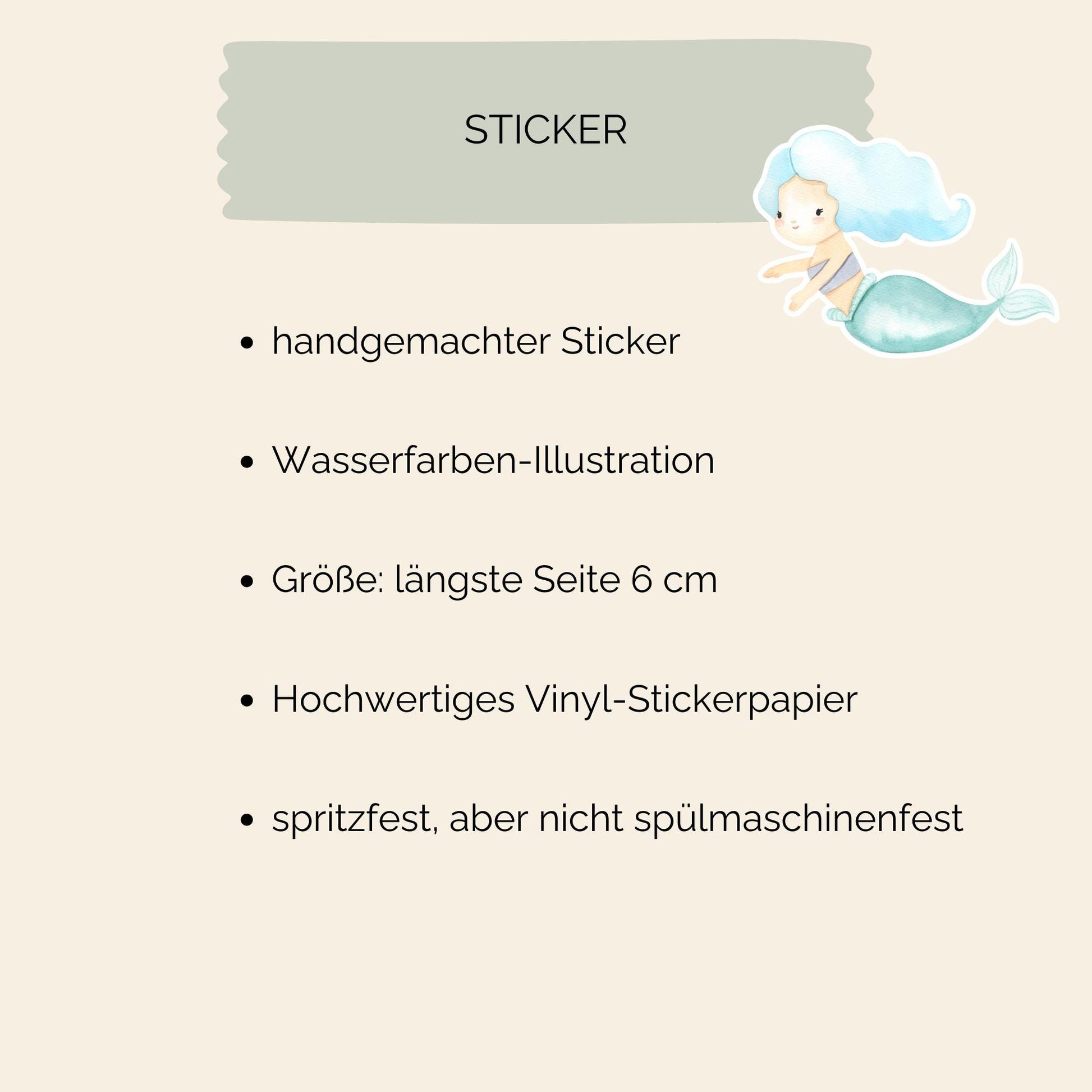 Sticker Meerjungfrau blau: Handgemalter Vinyl-Sticker einer Meerjungfrau in Pastelltönen, ideal für Bullet Journals, Laptops oder Handyhüllen. Spritzfest und langlebig.