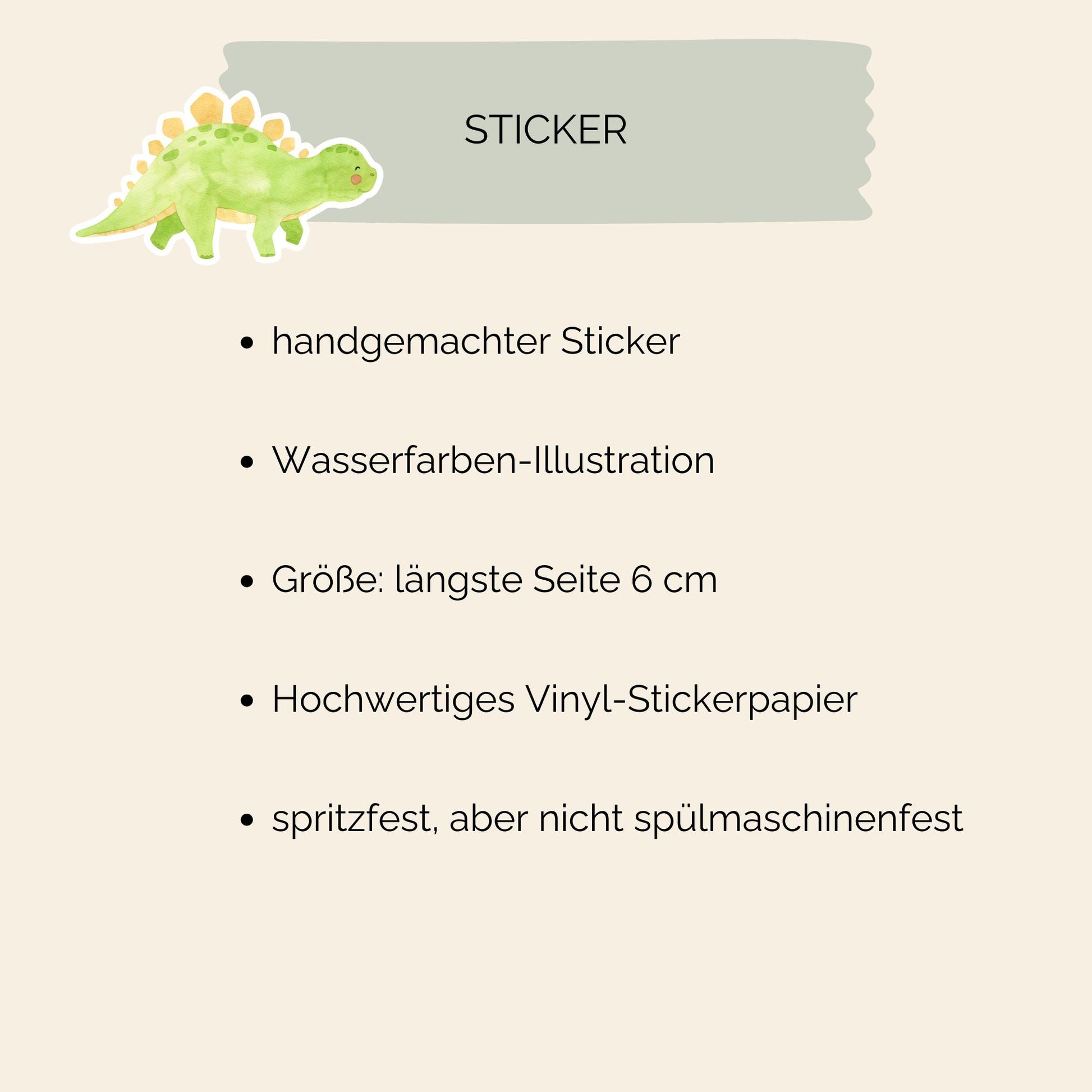 Dinosaurier-Sticker Stego: Handgemalter grüner Dino mit gelben Punkten, aus langlebigem Vinyl. Perfekt für Dekorationen oder als Geschenk für Dino-Fans.
