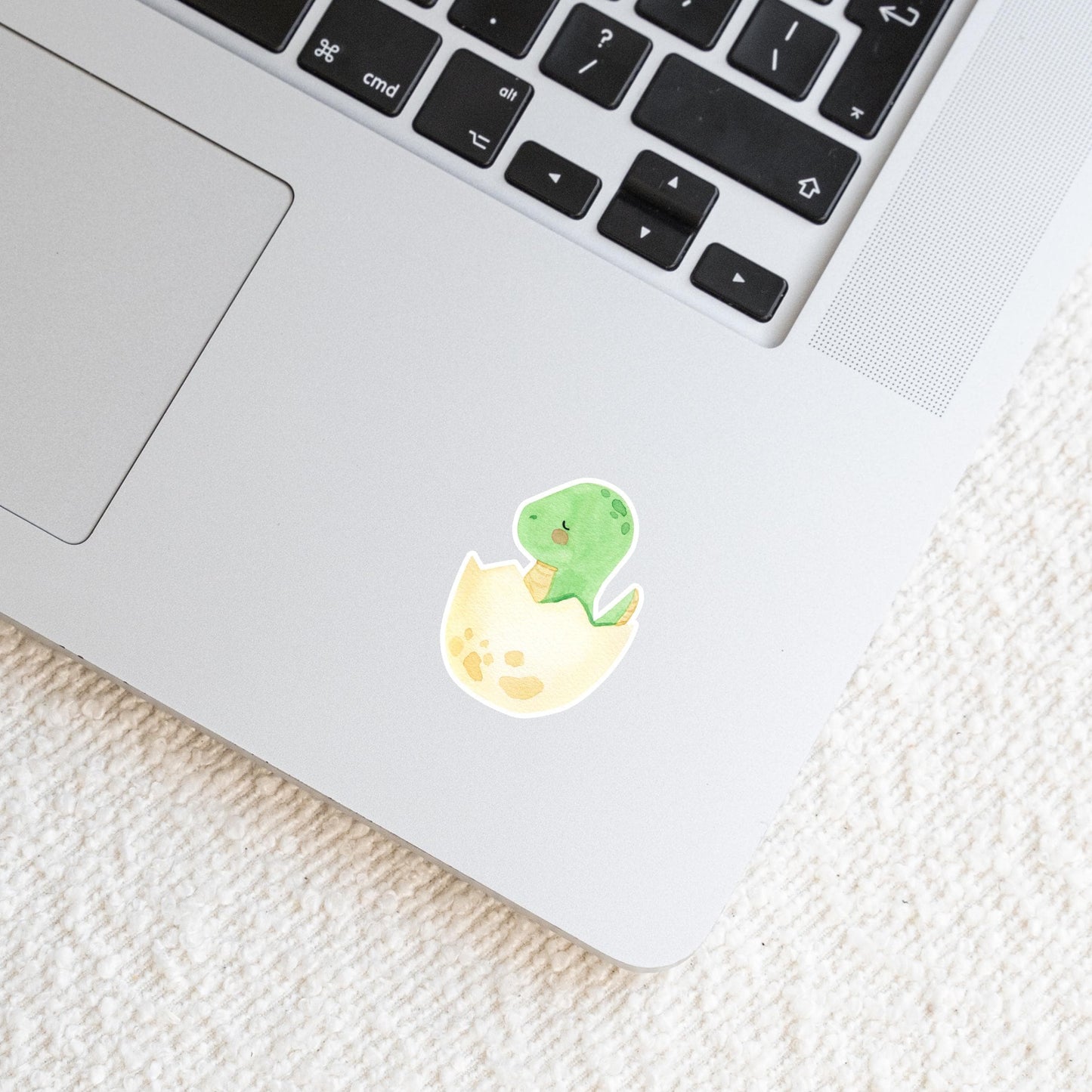 Sticker Dinosaurier im Ei auf einem Laptop, zeigt einen grünen Dino, der aus einem Ei schlüpft. Ideal zur individuellen Gestaltung von Laptops.