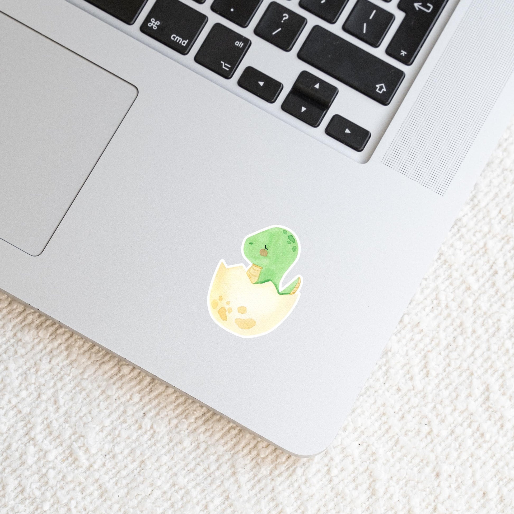 Sticker Dinosaurier im Ei auf einem Laptop, zeigt einen grünen Dino, der aus einem Ei schlüpft. Ideal zur individuellen Gestaltung von Laptops.