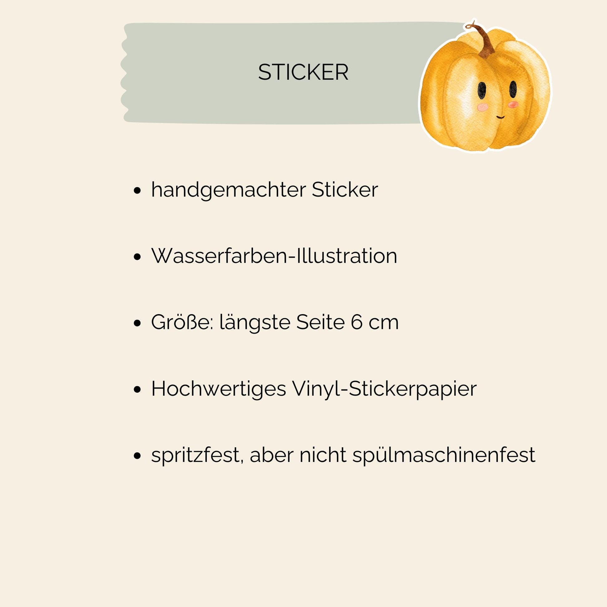 Handgemalter Sticker Kürbis mit Gesicht, ideal für Bullet Journals oder Laptops. Hochwertiges Vinyl, wasserabweisend und langlebig. Perfekt für Herbstdekoration. Größe: ca. 6 x 5 cm.