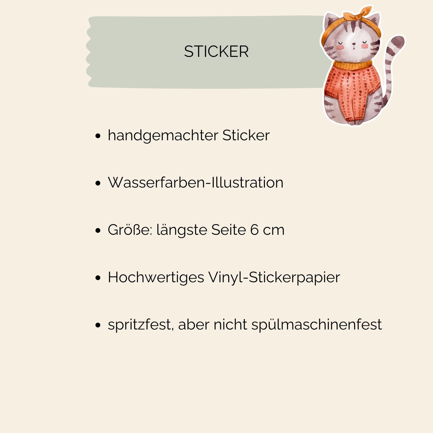 Sticker Katze: Handgemalter Vinyl-Sticker einer Katze im Vintage-Stil mit Sweater und Hut. Perfekt für Bullet Journals, Laptops, Handys und Bastelprojekte.