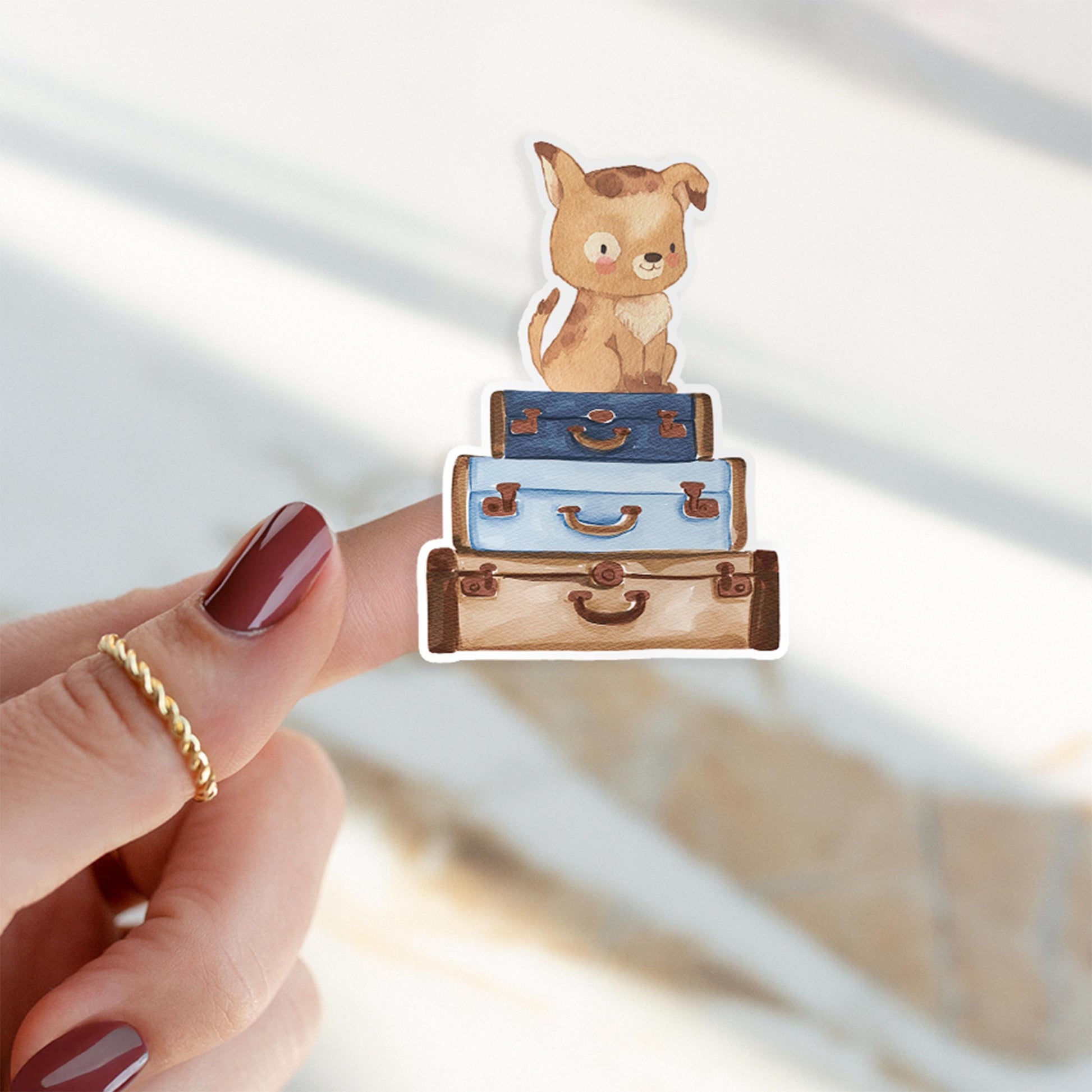 Sticker Hund & Koffer: Handgemalter Hunde-Sticker, inspiriert von Reisen, auf hochwertigem Vinyl, ideal für persönliche Gegenstände und Bastelprojekte. Perfekt für Hundeliebhaber.