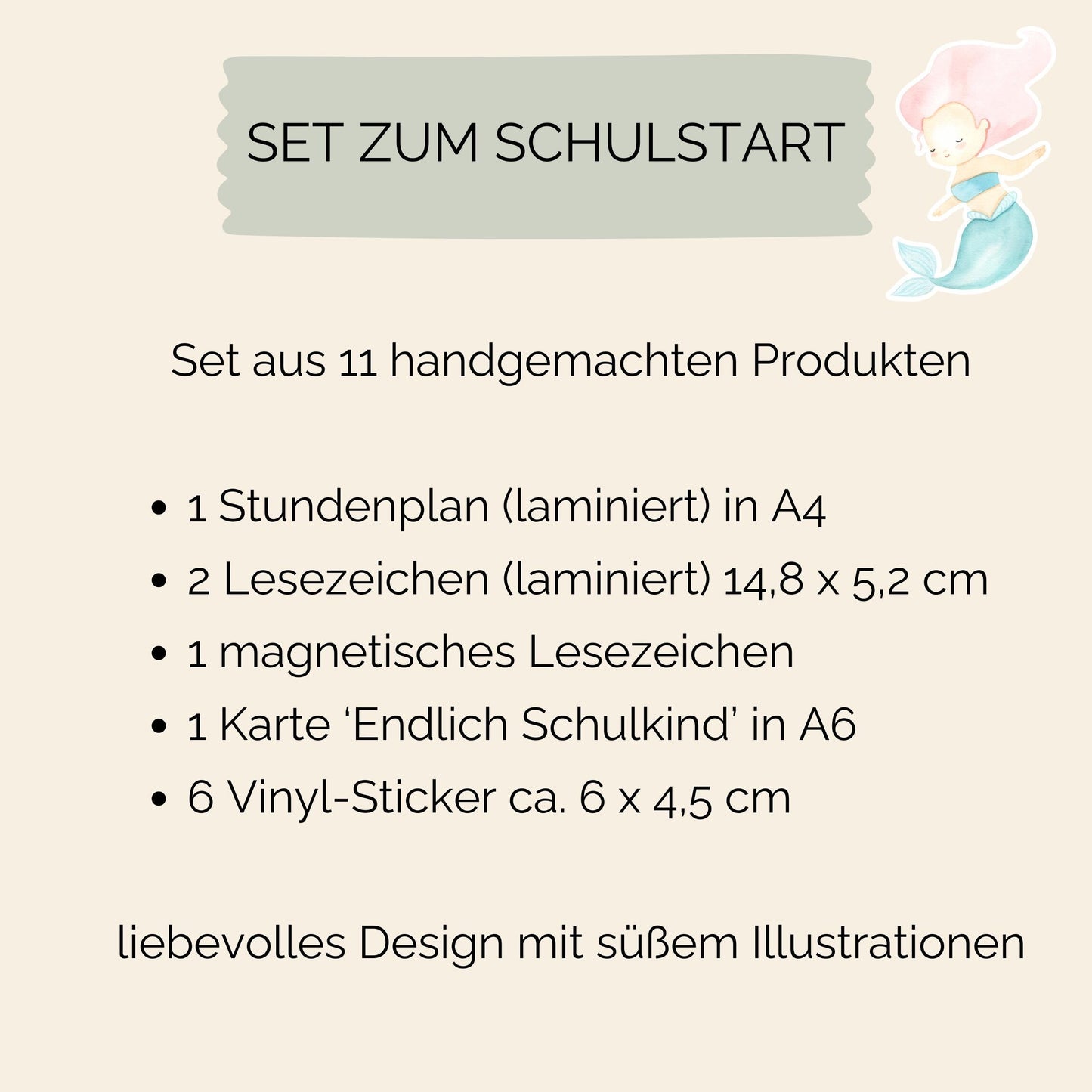 Einschulung Geschenk-Set Meerjungfrauen: Illustrierter Stundenplan mit Meerjungfrau, Teil eines 11-teiligen Sets mit Lesezeichen, Karte und Stickern für den Schulstart.
