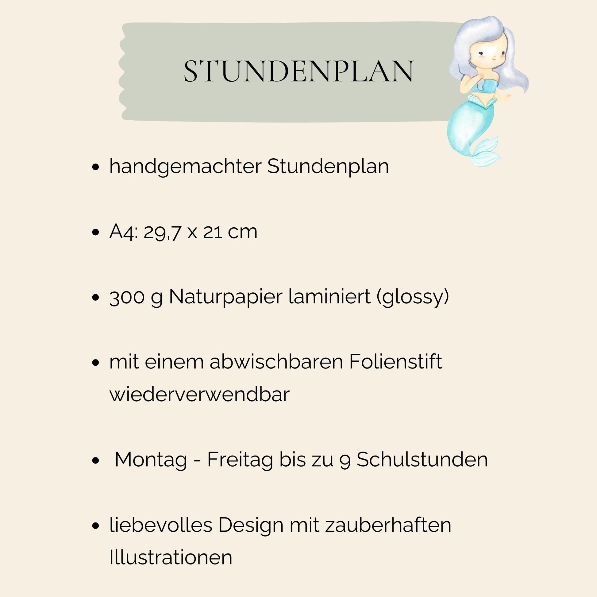 Stundenplan Meerjungfrau A4 mit cartoonhafter Meerjungfrau, gedruckt auf 300g Naturpapier und laminiert, wiederverwendbar mit abwischbarem Marker, ideal als Geschenk zur Einschulung.