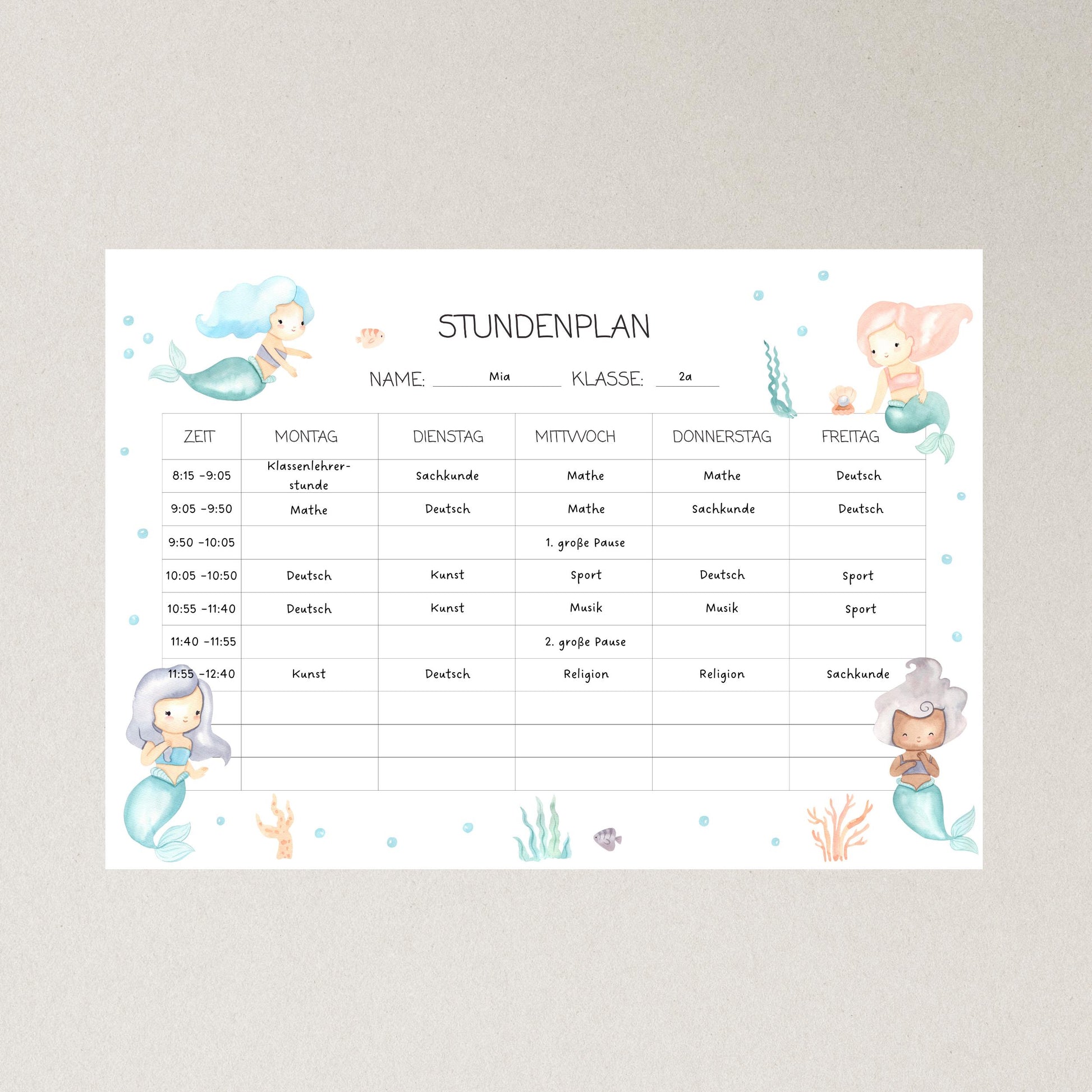 Stundenplan Meerjungfrau A4 mit Meerjungfrauen-Illustrationen, laminiert, wiederverwendbar. Perfekt für Kinder, handgemacht, auf A4-Naturpapier gedruckt. Ideal als Einschulungsgeschenk.