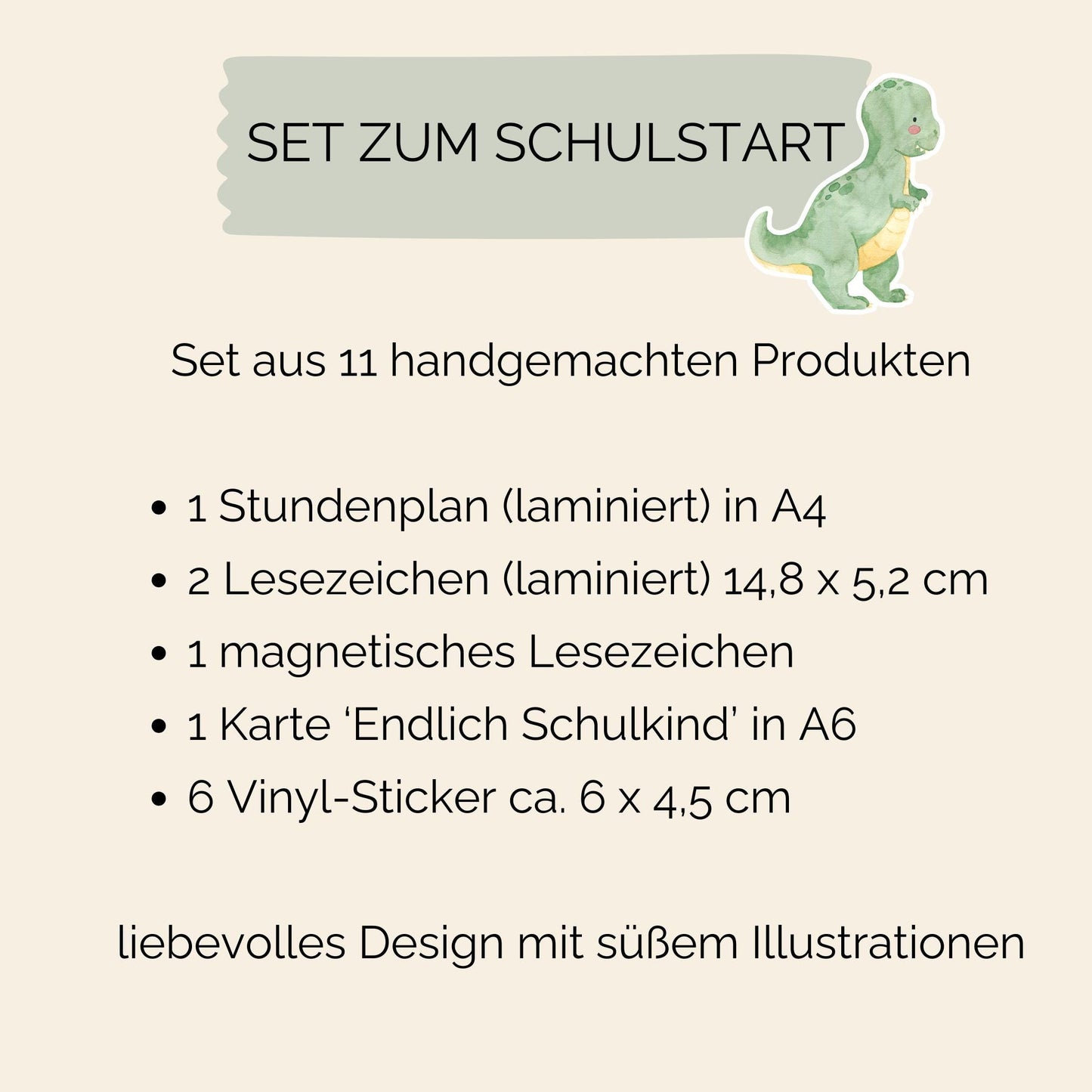 Einschulung Geschenk-Set Dinosaurier: Diagramm mit Cartoon-Dinosaurier, Text auf grauem Schild. Ideal für den Schulstart mit Stundenplan, Lesezeichen und Stickern.