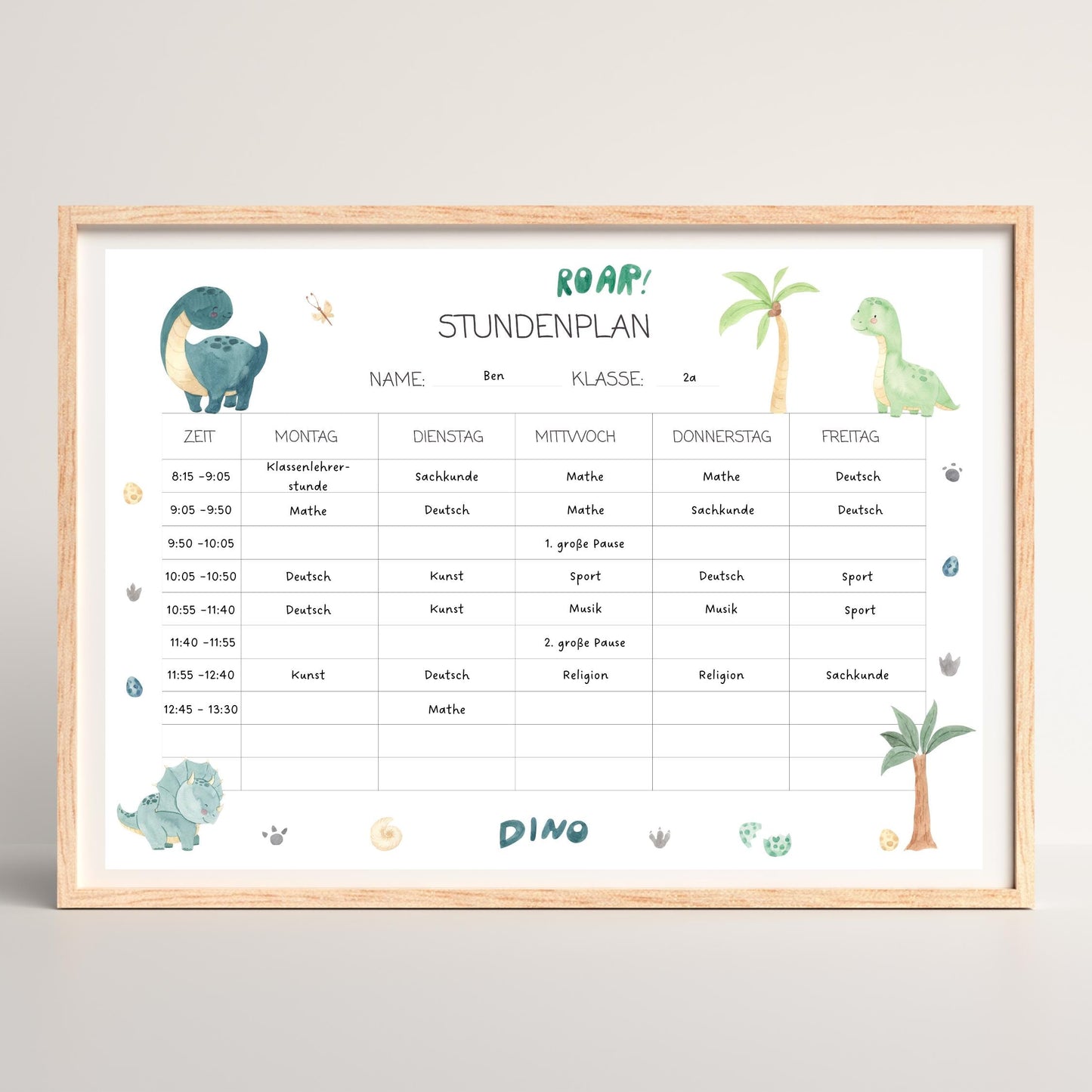 Stundenplan Dinosaurier A4 mit handgezeichneten Dinos und Palmen, laminiert auf 300 g Naturpapier, wiederverwendbar mit abwischbarem Marker. Ideal für Schulkinder.