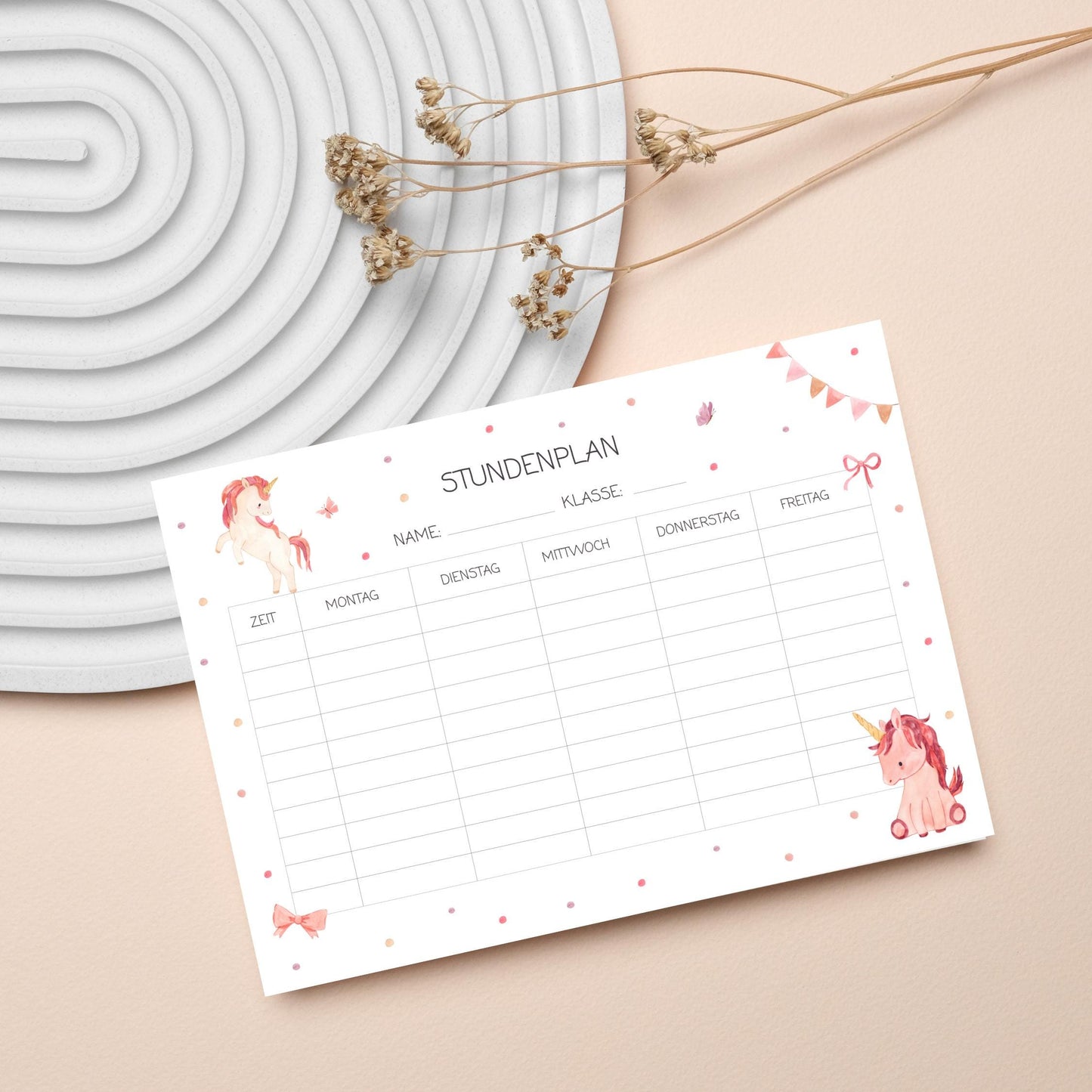 Stundenplan Einhorn A4 mit Einhornzeichnung, laminiert auf 300g Naturpapier, wiederverwendbar mit Folienstift, ideal als Geschenk zur Einschulung.