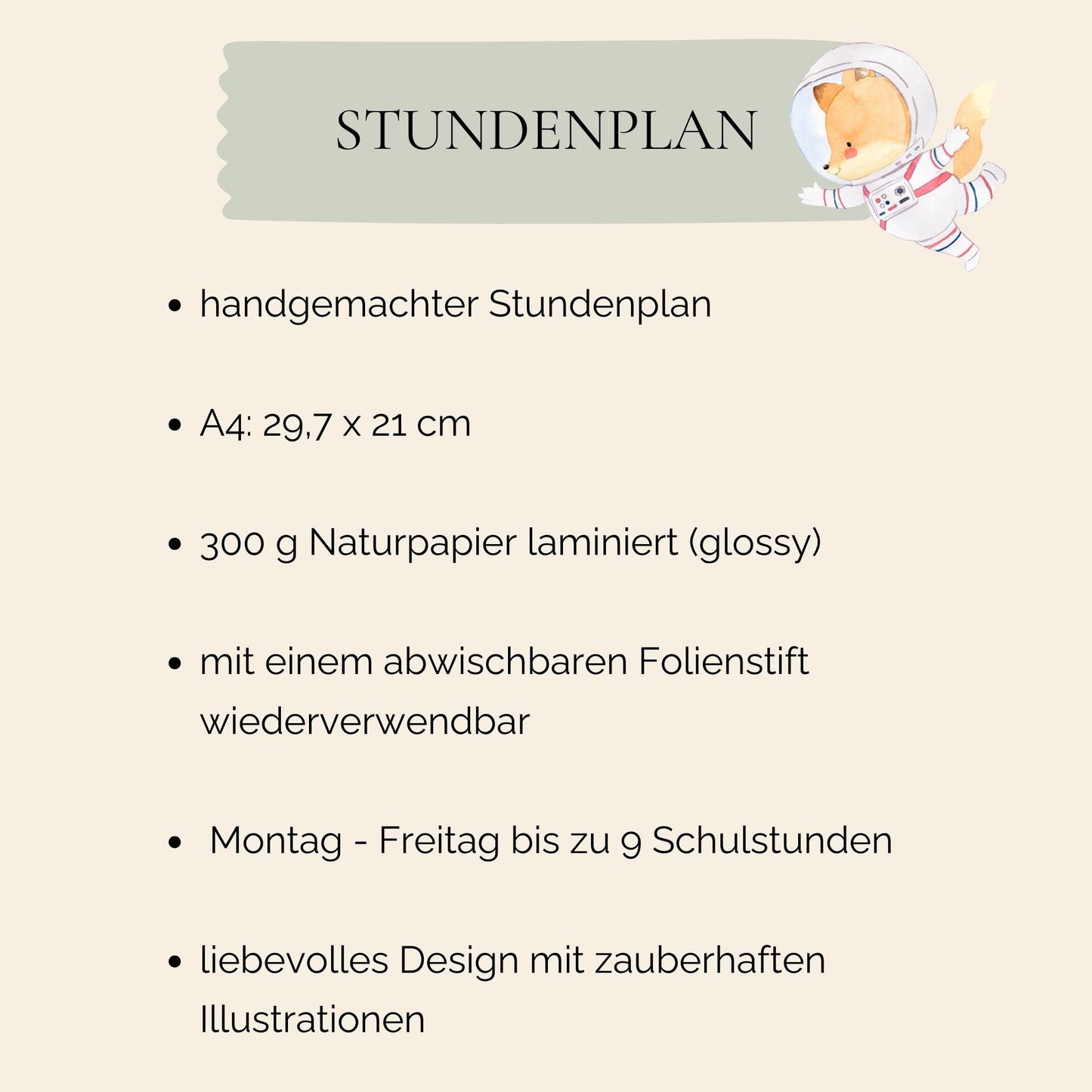 Stundenplan Astronauten A4 mit Cartoon-Fuchs im Raumanzug, auf 300g laminiertem Naturpapier, mehrfach verwendbar mit abwischbarem Marker, ideales Geschenk zur Einschulung.