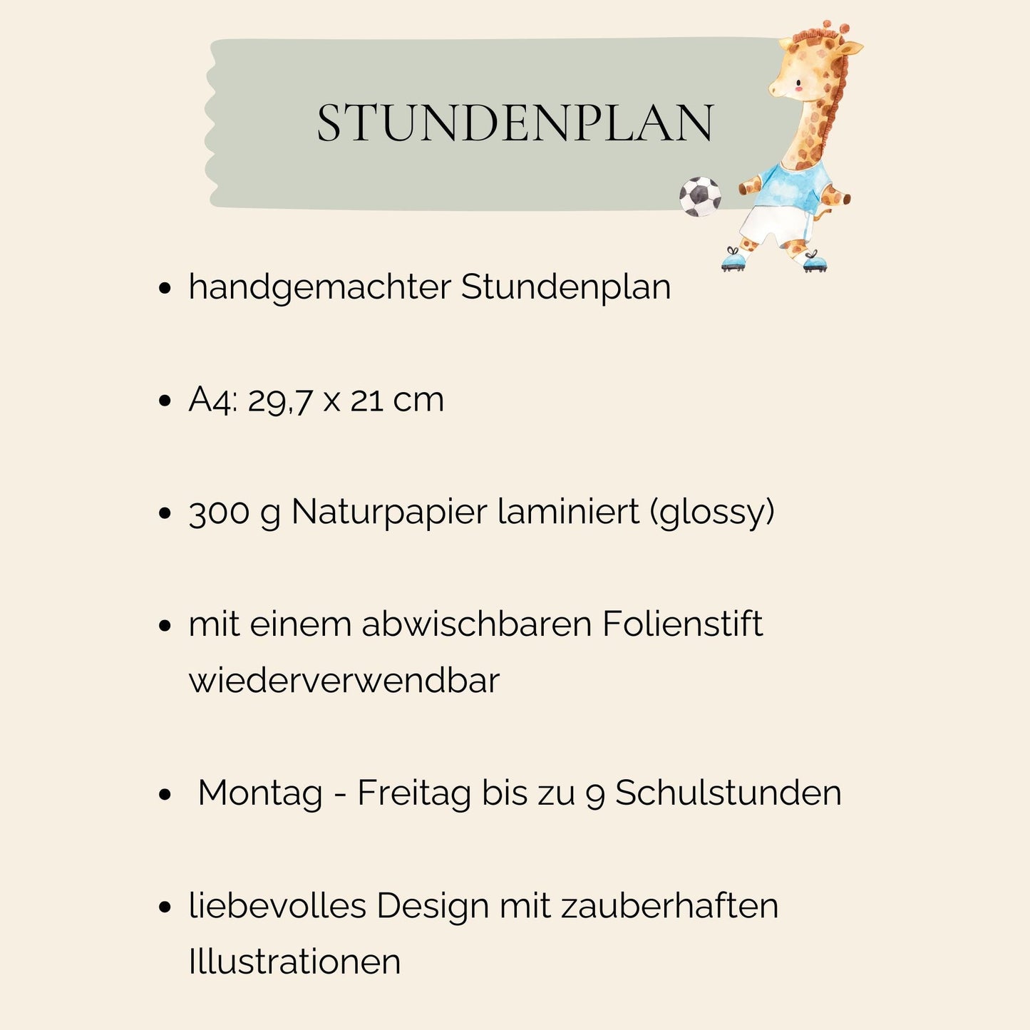 Stundenplan Fußball A4: Ein Giraffe im Shirt mit Ball illustriert den Plan. A4, laminiert, mehrfach nutzbar, ideal für Schulkinder.